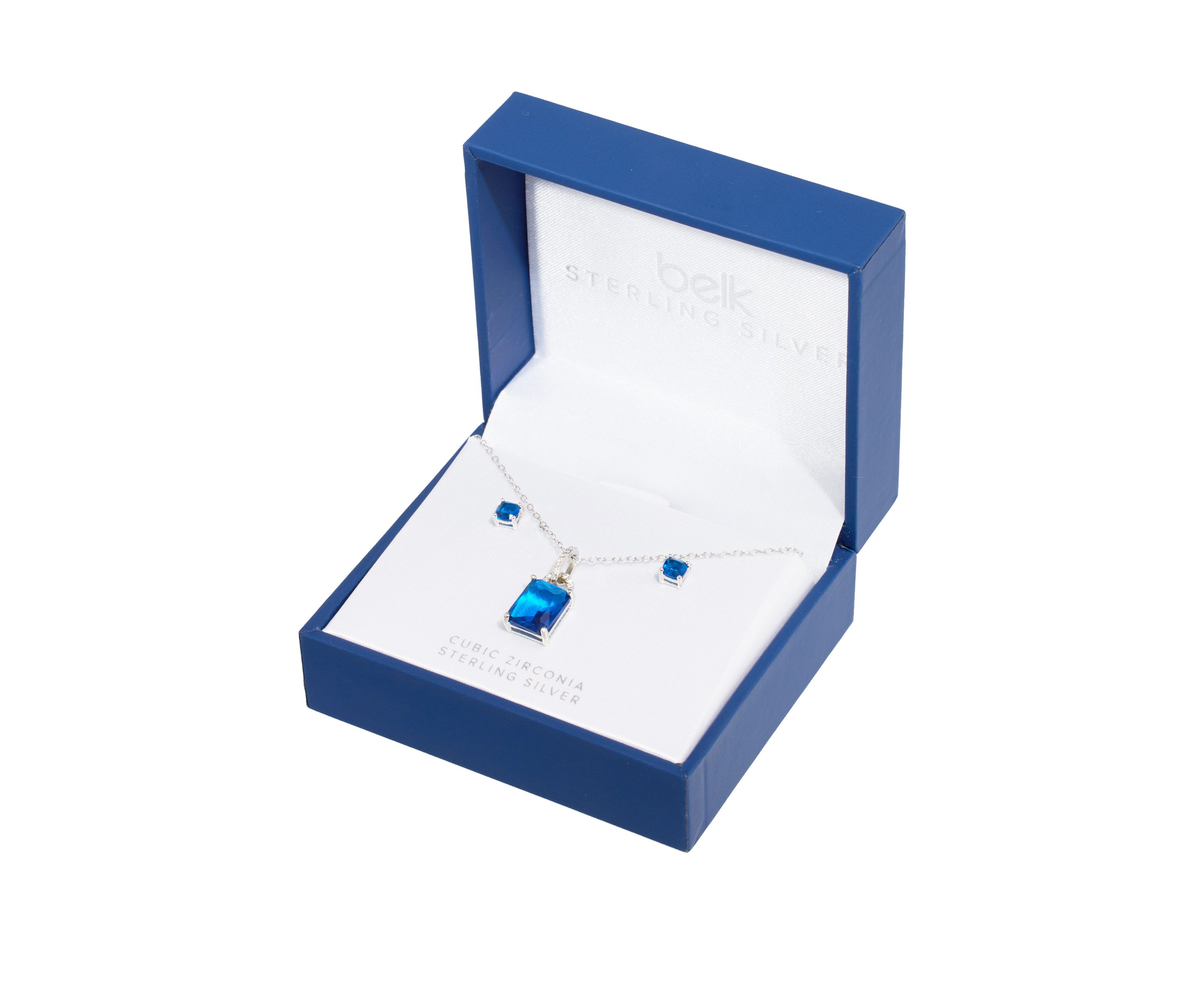  Sterling Silver Crystal Rectangle and Cubic Zirconia Pendant Necklace with Square Stud Earrings Set