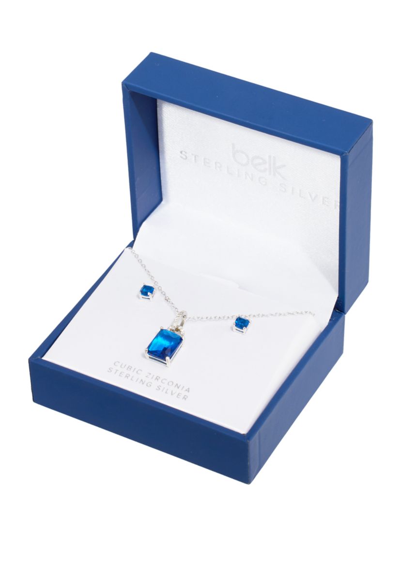  Sterling Silver Crystal Rectangle and Cubic Zirconia Pendant Necklace with Square Stud Earrings Set