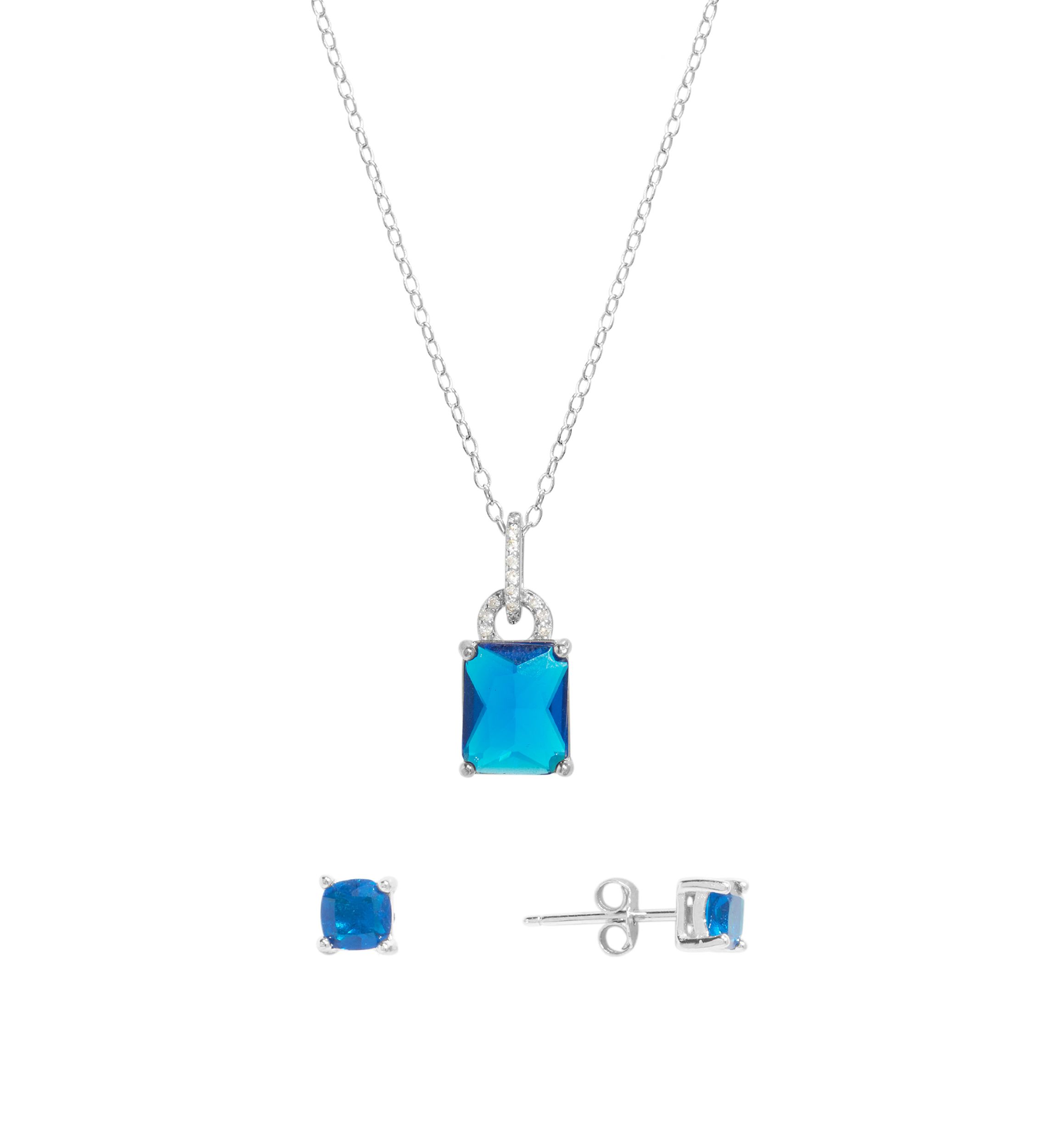  Sterling Silver Crystal Rectangle and Cubic Zirconia Pendant Necklace with Square Stud Earrings Set