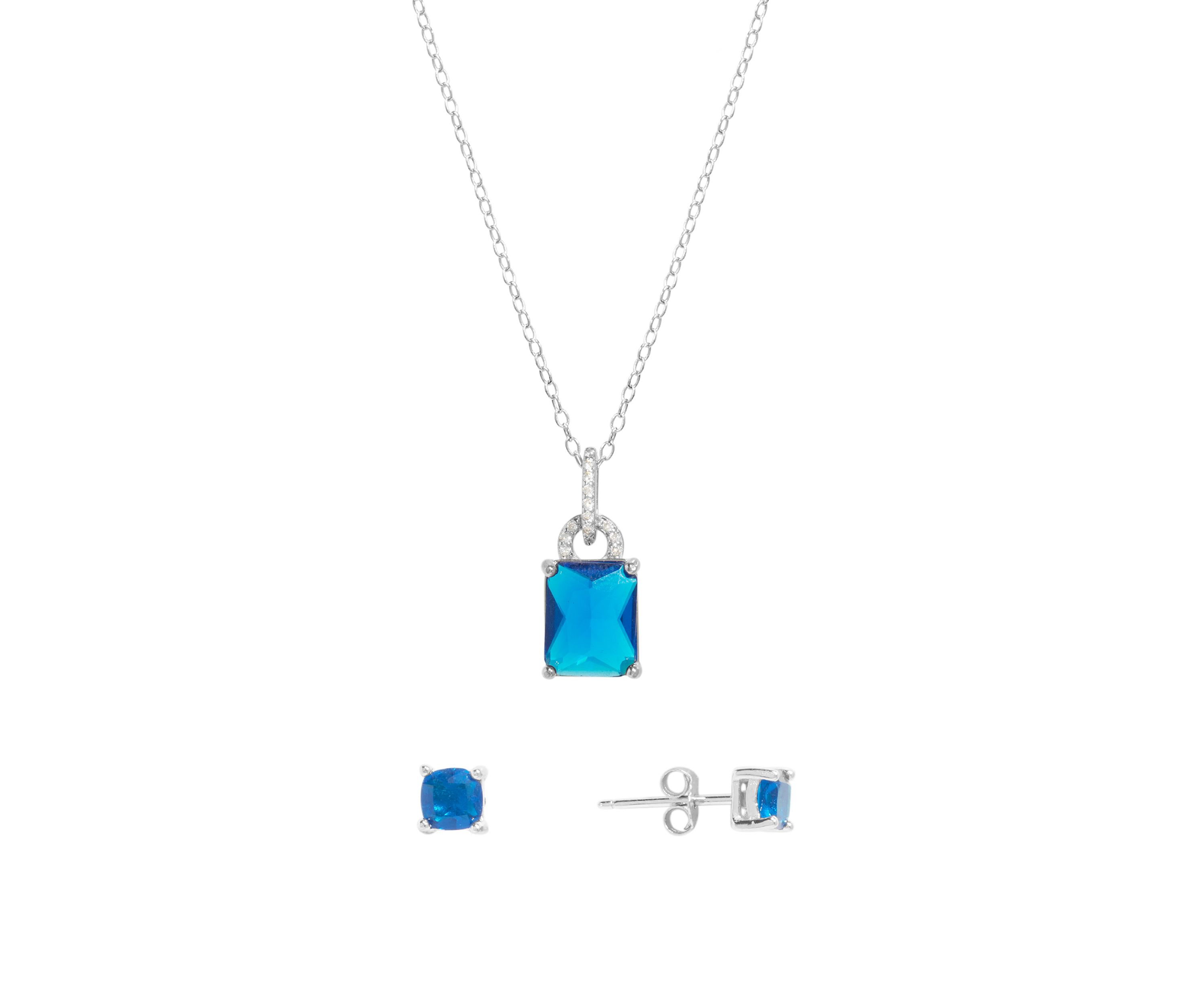  Sterling Silver Crystal Rectangle and Cubic Zirconia Pendant Necklace with Square Stud Earrings Set