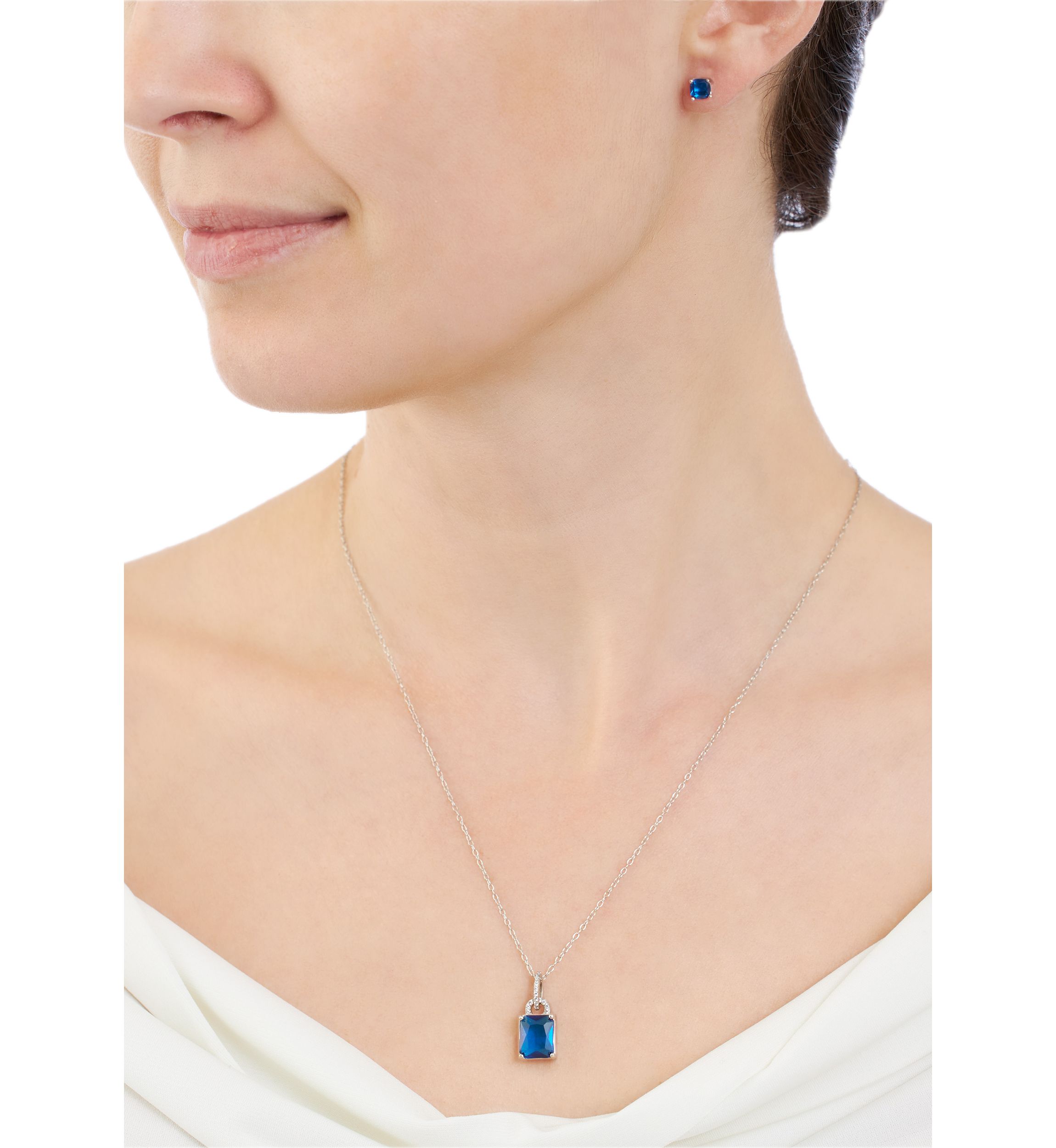  Sterling Silver Crystal Rectangle and Cubic Zirconia Pendant Necklace with Square Stud Earrings Set