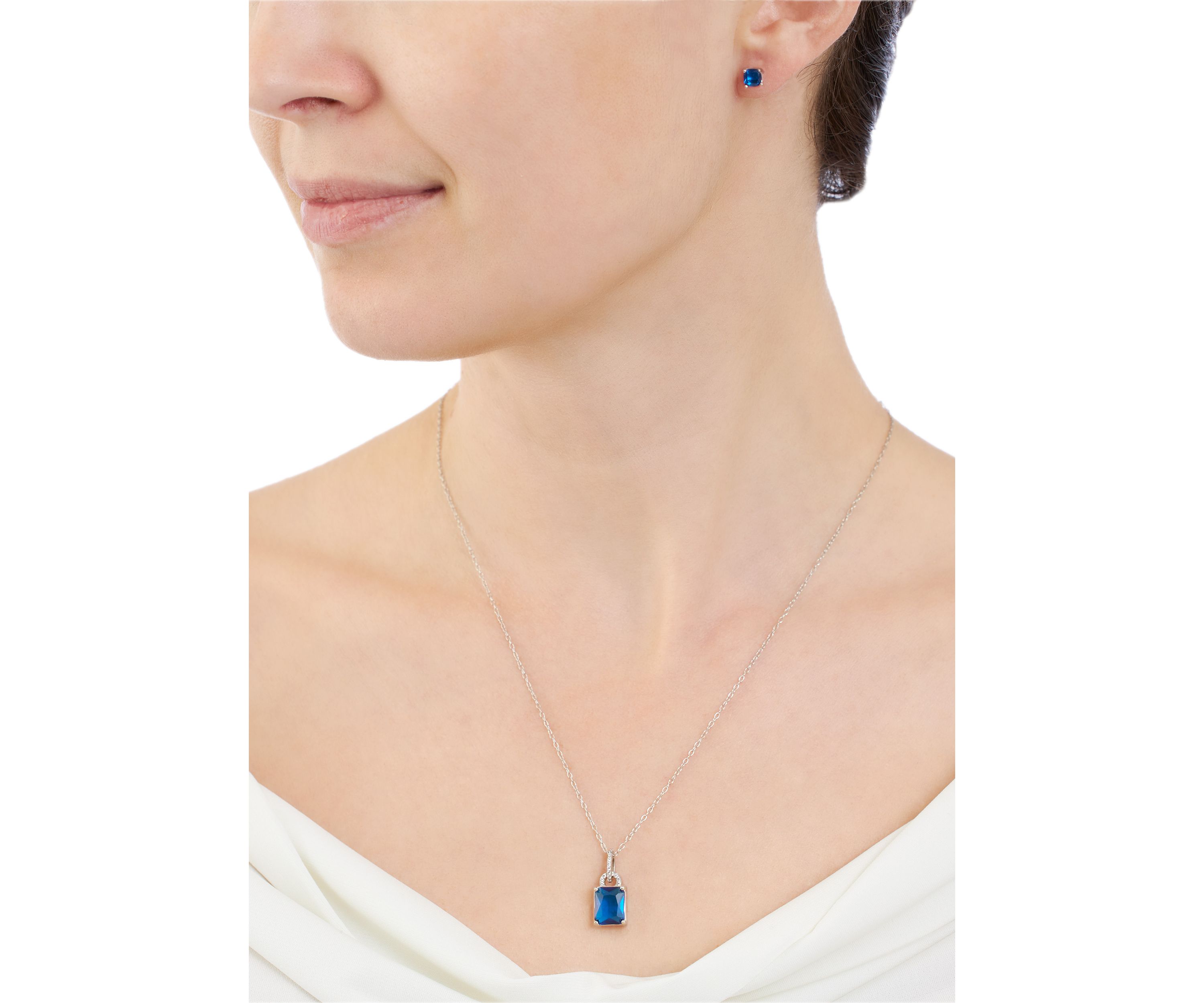  Sterling Silver Crystal Rectangle and Cubic Zirconia Pendant Necklace with Square Stud Earrings Set