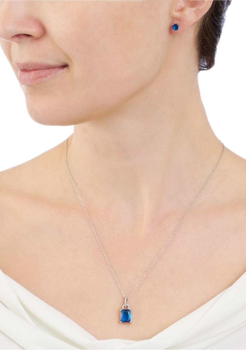  Sterling Silver Crystal Rectangle and Cubic Zirconia Pendant Necklace with Square Stud Earrings Set