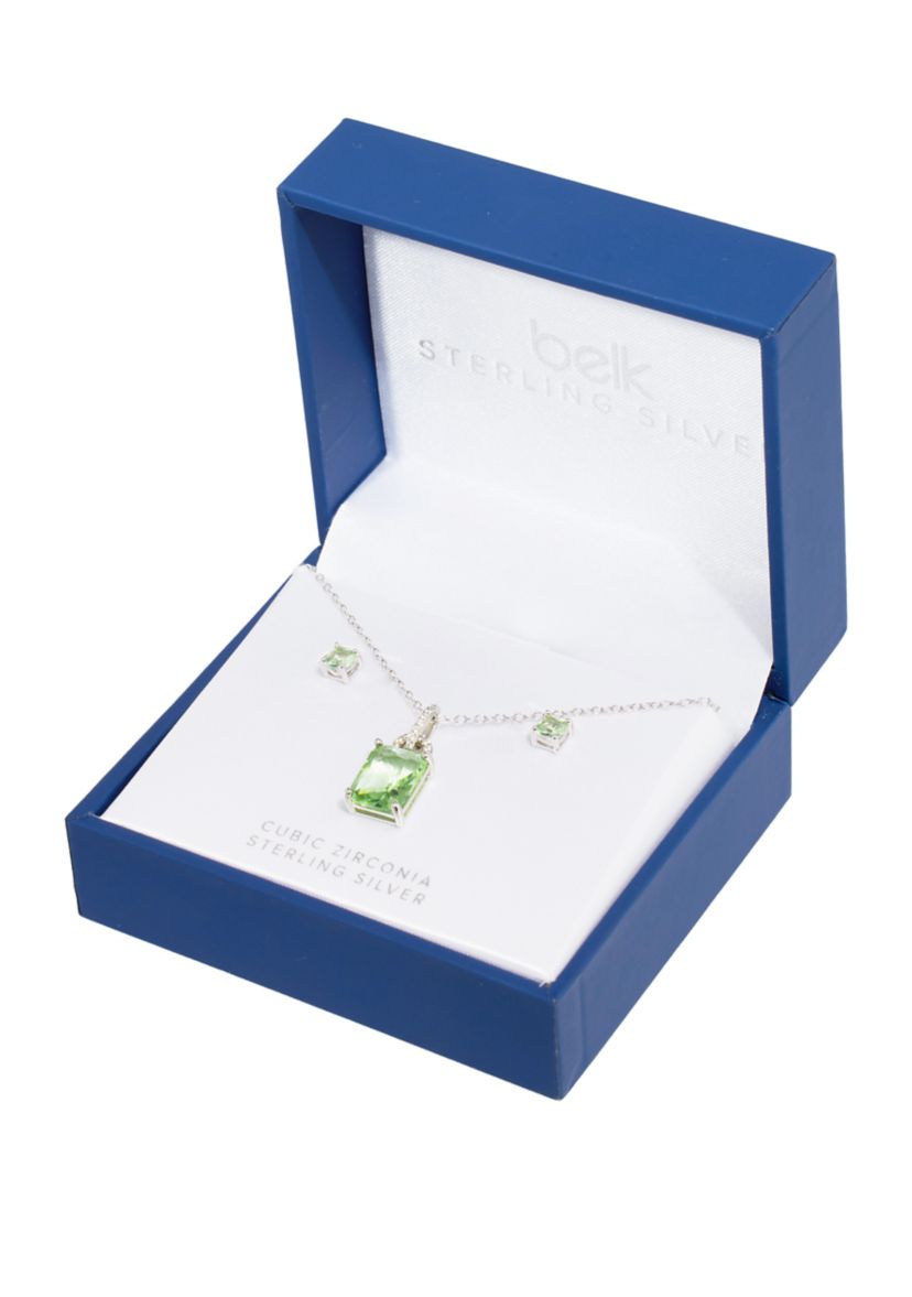  Sterling Silver Crystal Rectangle and Cubic Zirconia Pendant Necklace with Square Stud Earrings Set
