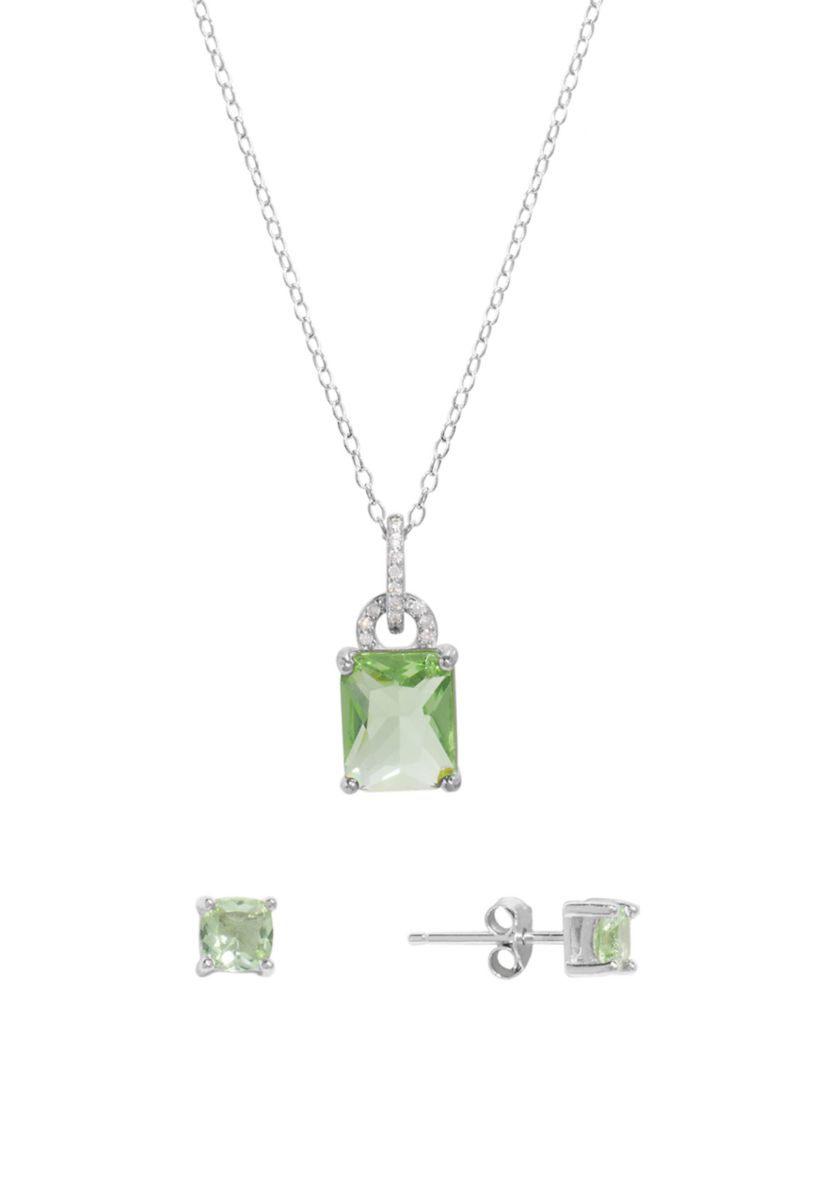  Sterling Silver Crystal Rectangle and Cubic Zirconia Pendant Necklace with Square Stud Earrings Set