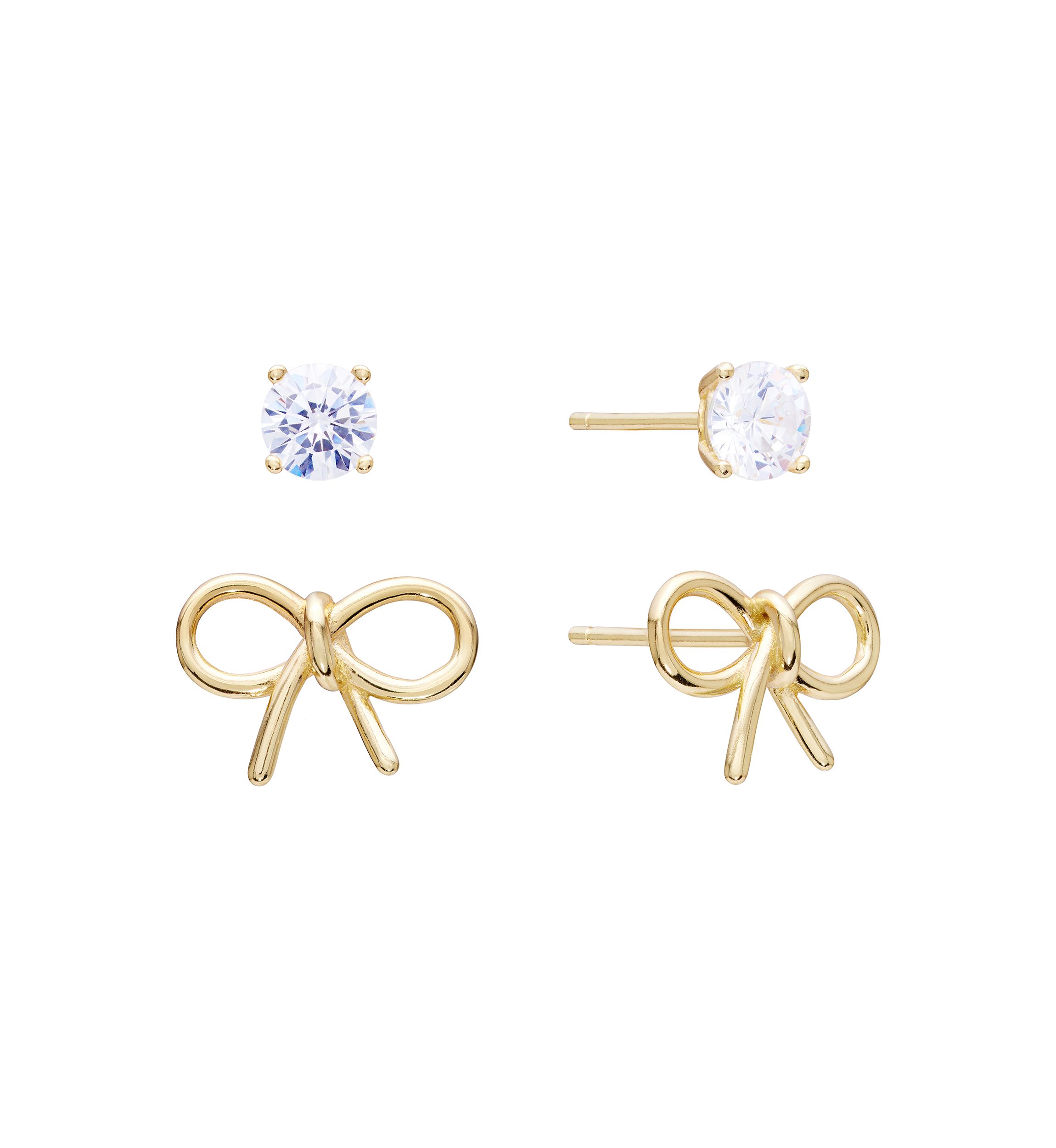 Sterling Silver Bow Stud and Cubic Zirconia Stud Earring Set