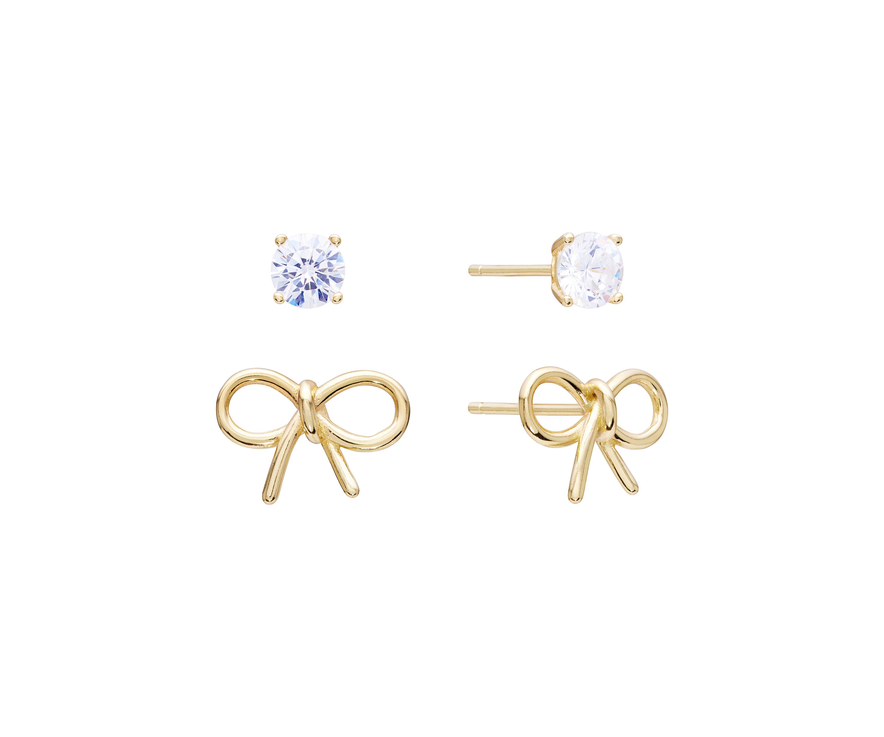 Sterling Silver Bow Stud and Cubic Zirconia Stud Earring Set
