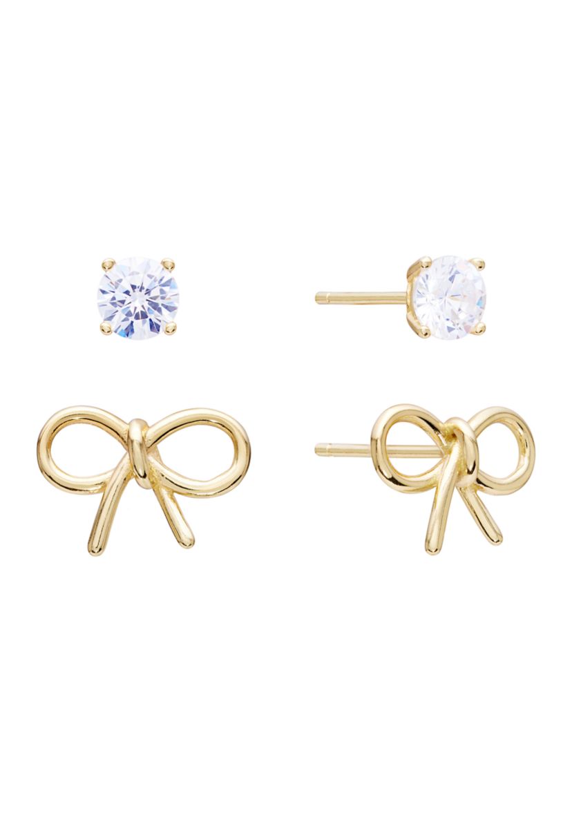Sterling Silver Bow Stud and Cubic Zirconia Stud Earring Set