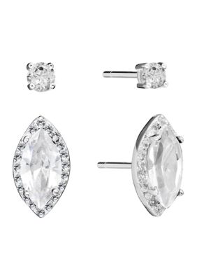 Belk Sterling Silver Sterling Silver Crystal Marquise Cubic Zirconia Halo and Round Crystal Stud Earrings Set - Boxed