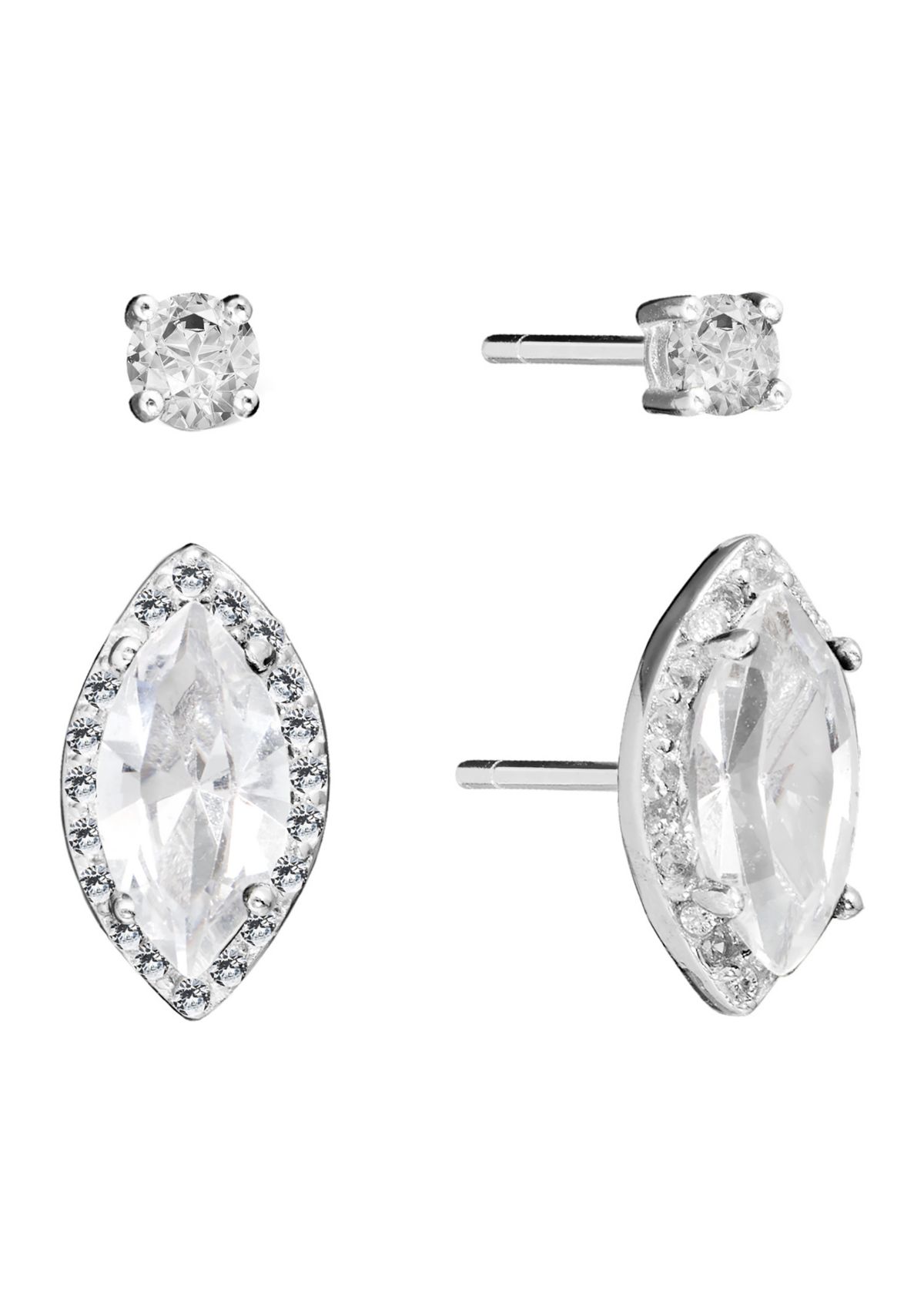 Sterling Silver Crystal Marquise Cubic Zirconia Halo and Round Crystal Stud Earrings Set - Boxed