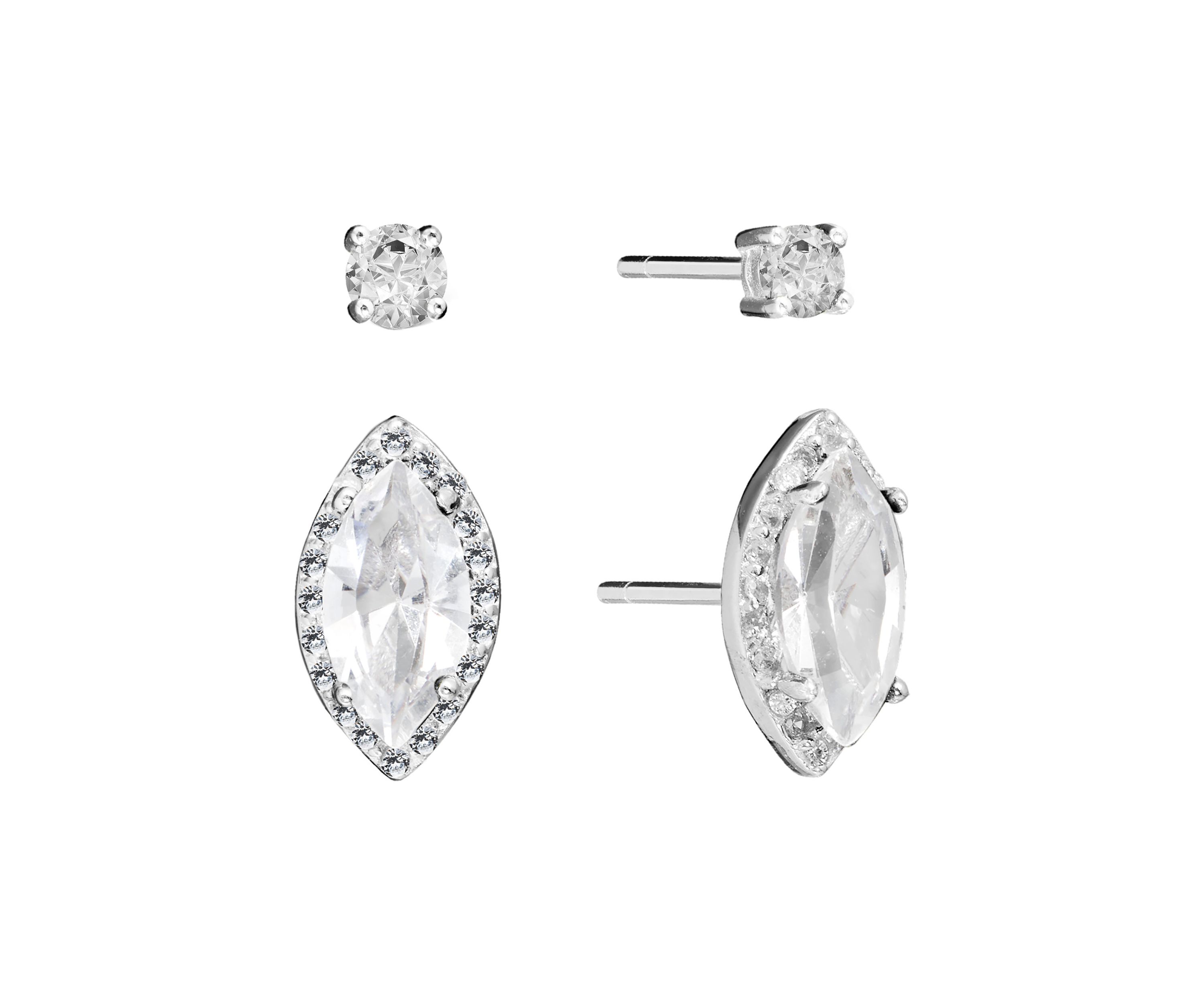 Sterling Silver Crystal Marquise Cubic Zirconia Halo and Round Crystal Stud Earrings Set - Boxed