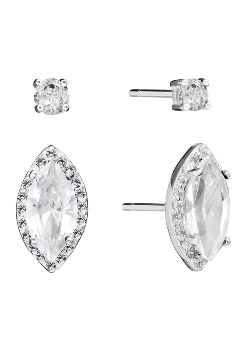Sterling Silver Crystal Marquise Cubic Zirconia Halo and Round Crystal Stud Earrings Set - Boxed