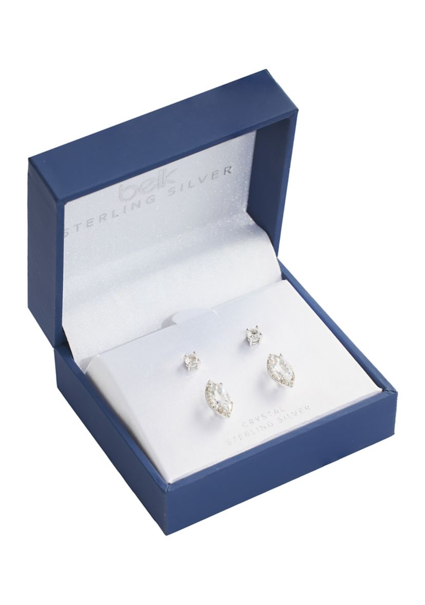 Sterling Silver Crystal Marquise Cubic Zirconia Halo and Round Crystal Stud Earrings Set - Boxed