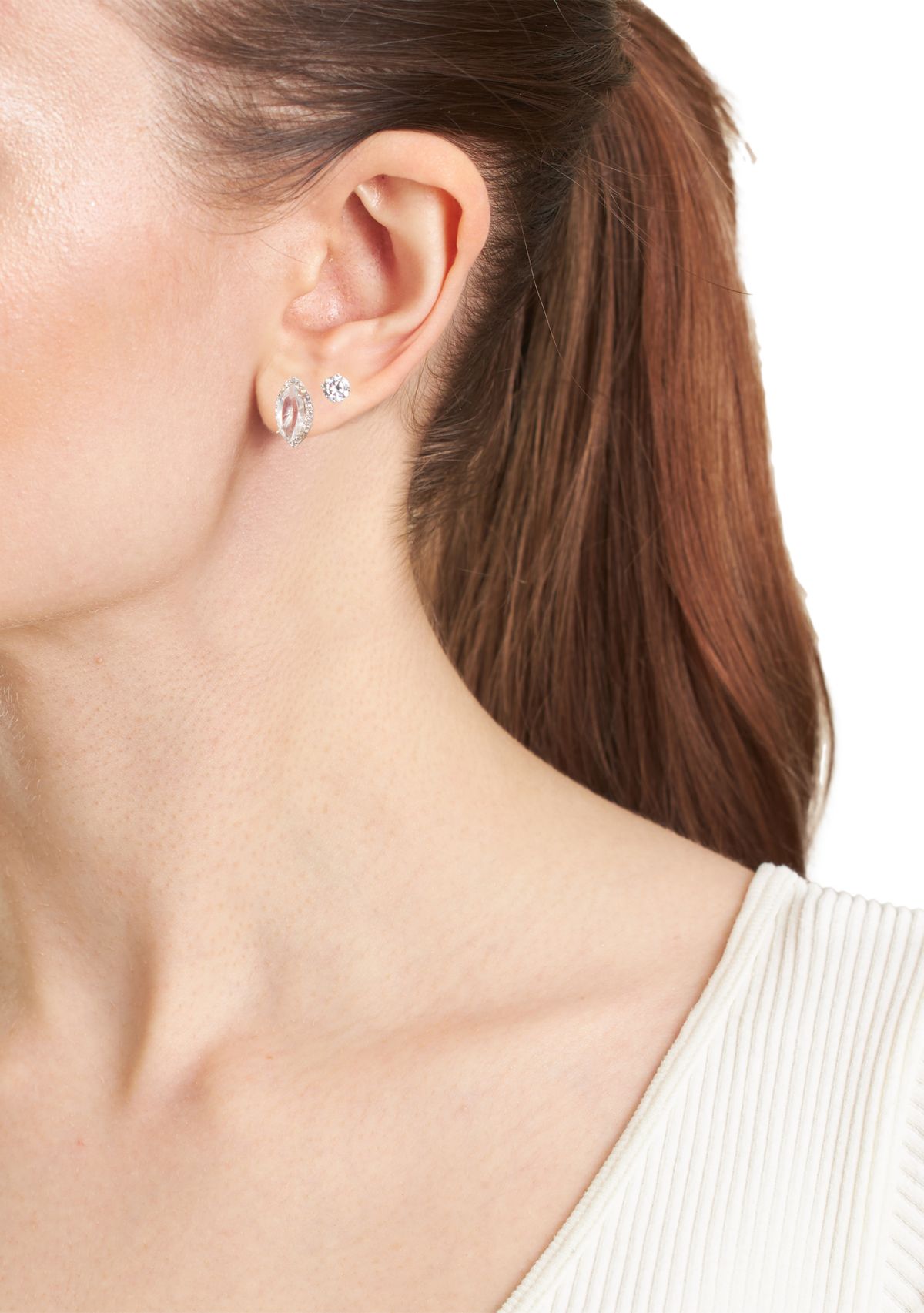 Sterling Silver Crystal Marquise Cubic Zirconia Halo and Round Crystal Stud Earrings Set - Boxed