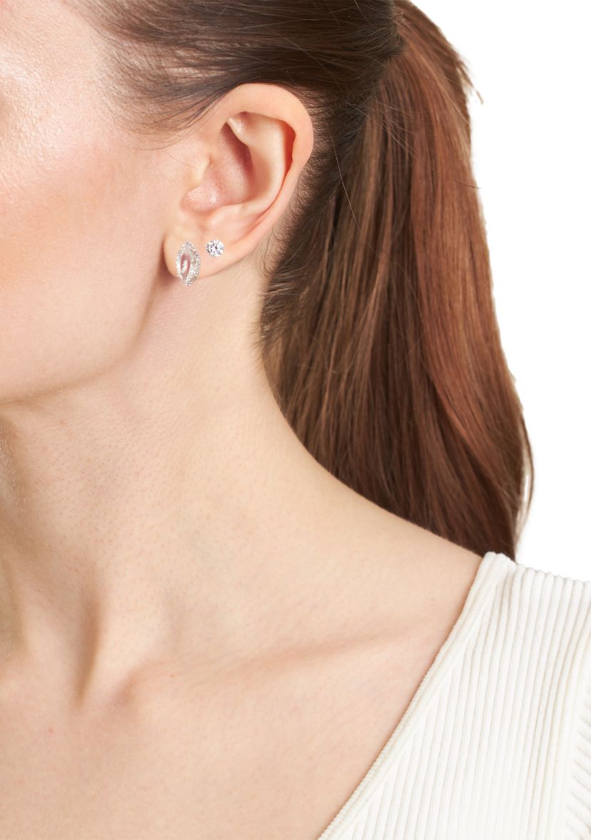 Sterling Silver Crystal Marquise Cubic Zirconia Halo and Round Crystal Stud Earrings Set - Boxed