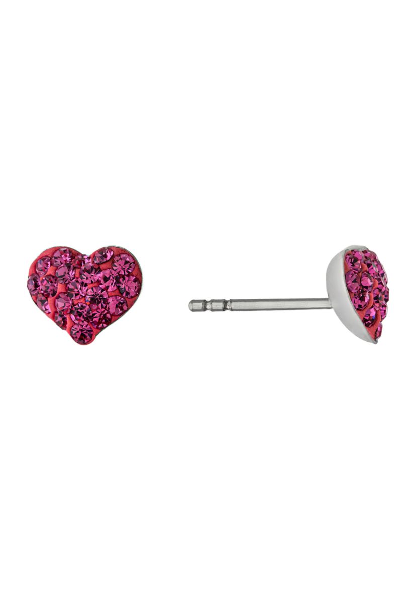 Boxed Sterling Silver Pink Crystal Pavé Heart Stud Earrings