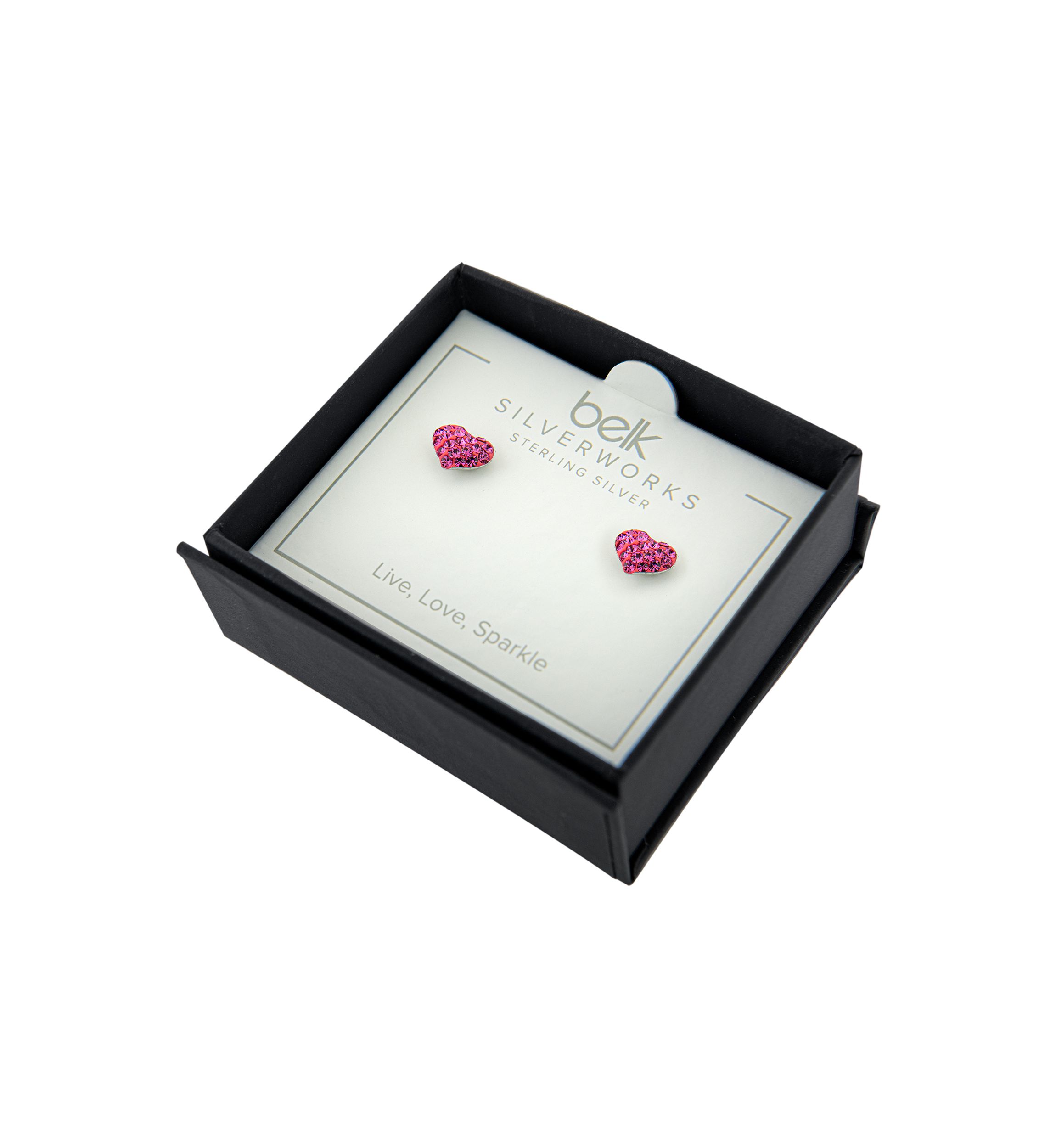Boxed Sterling Silver Pink Crystal Pavé Heart Stud Earrings