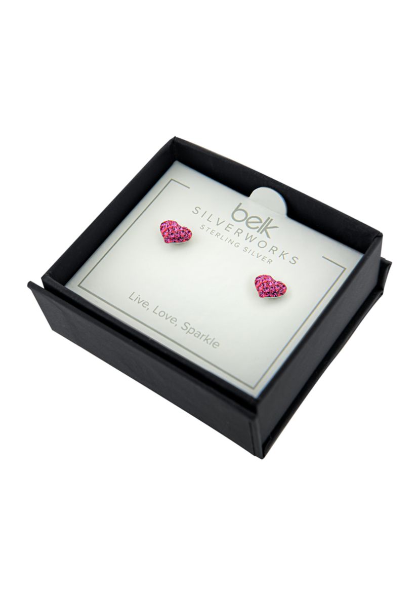 Boxed Sterling Silver Pink Crystal Pavé Heart Stud Earrings
