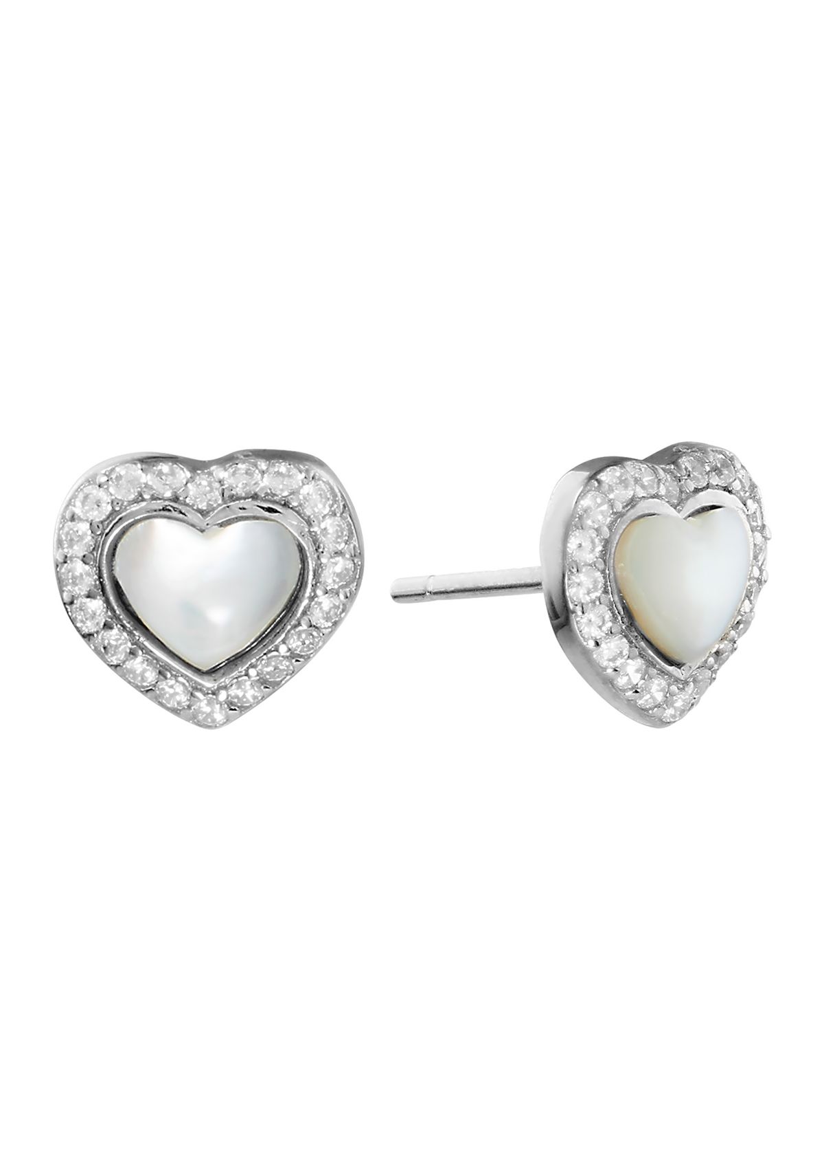 Boxed Sterling Silver Mother of Pearl Heart with White Topaz Halo Stud Earrings