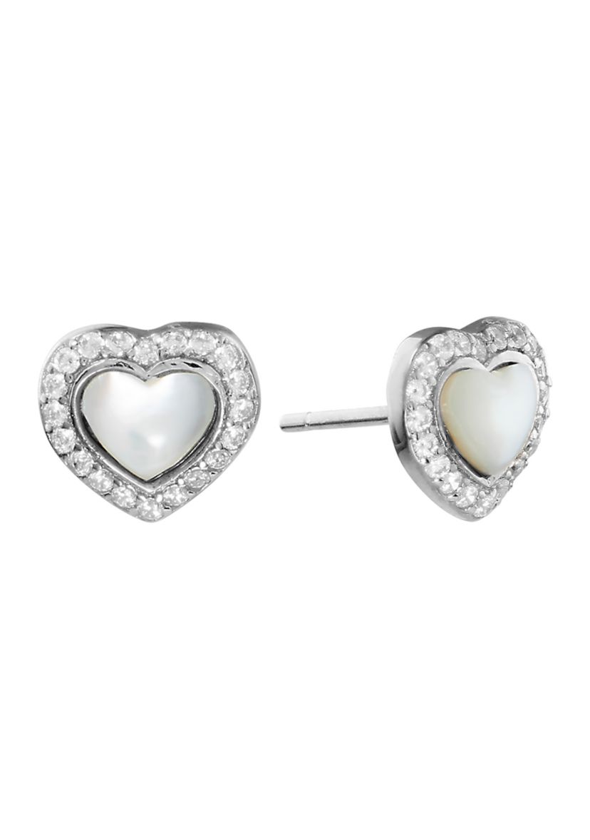 Boxed Sterling Silver Mother of Pearl Heart with White Topaz Halo Stud Earrings