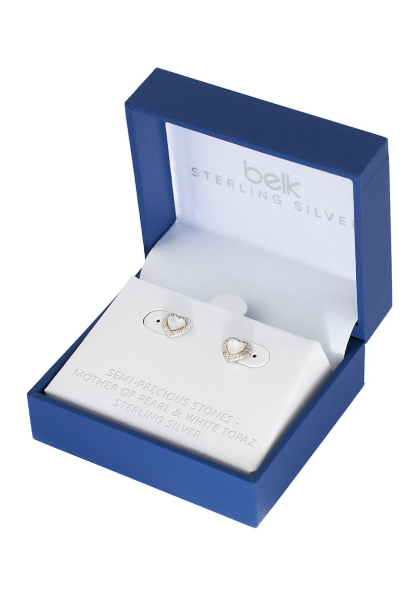 Boxed Sterling Silver Mother of Pearl Heart with White Topaz Halo Stud Earrings