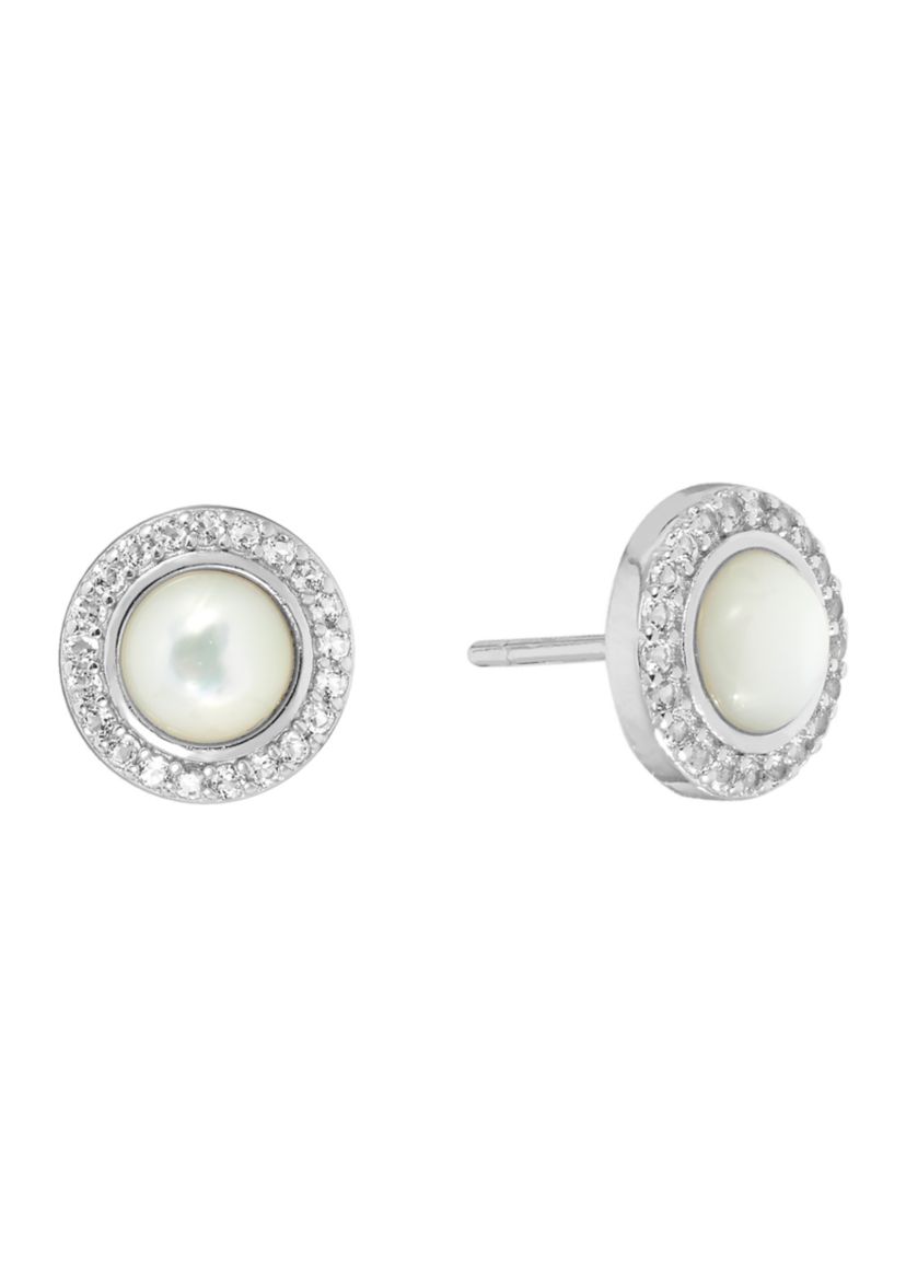 Boxed Sterling Silver Mother of Pearl and White Topaz Halo Stud Earrings