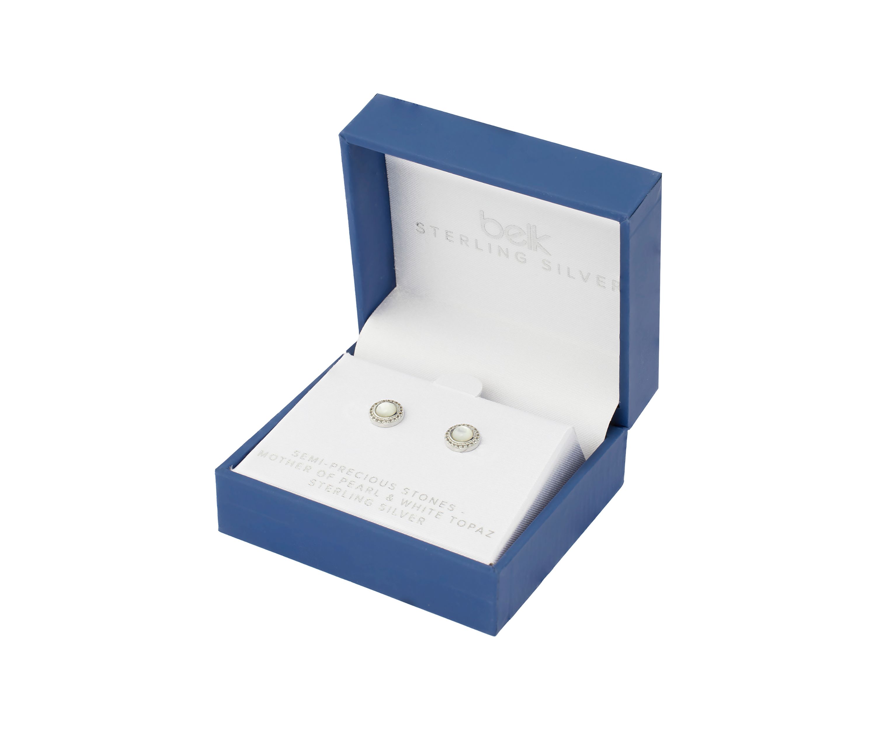Boxed Sterling Silver Mother of Pearl and White Topaz Halo Stud Earrings