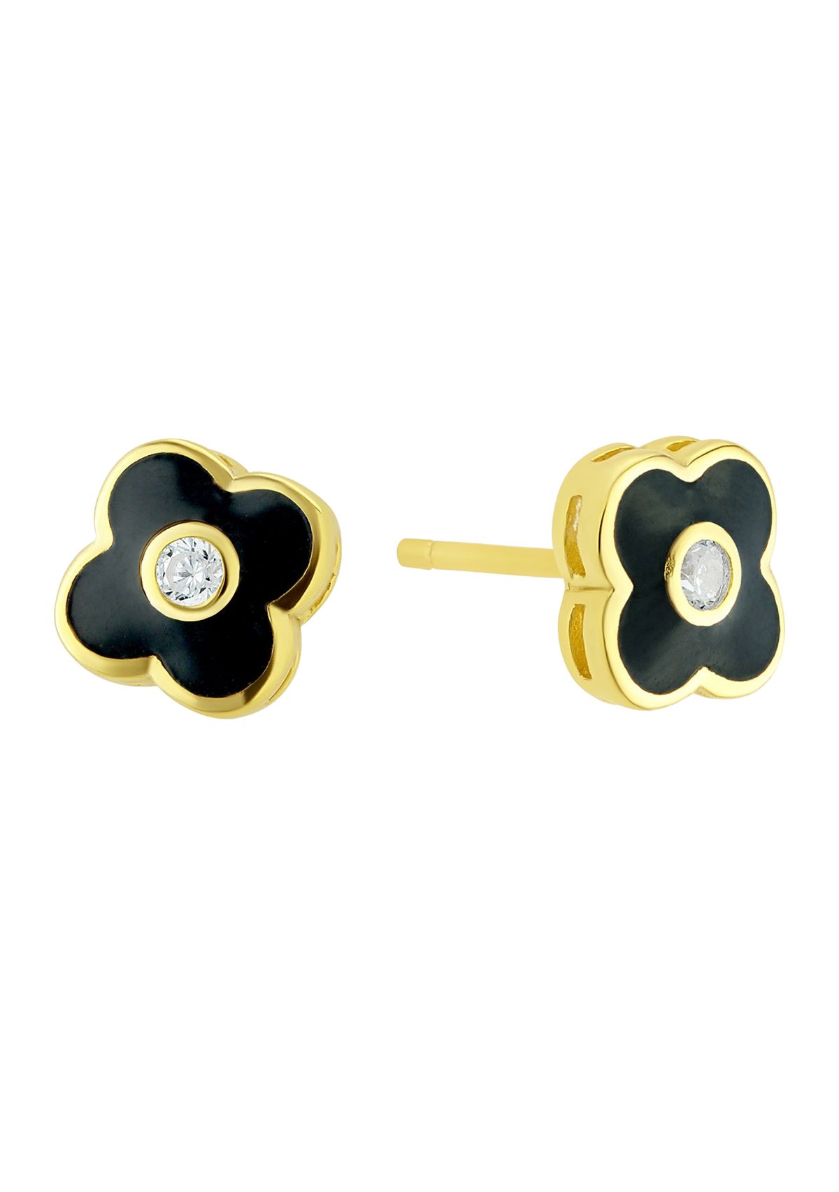 Boxed Black Enamel Clover with Cubic Zirconia Center Stud Earrings