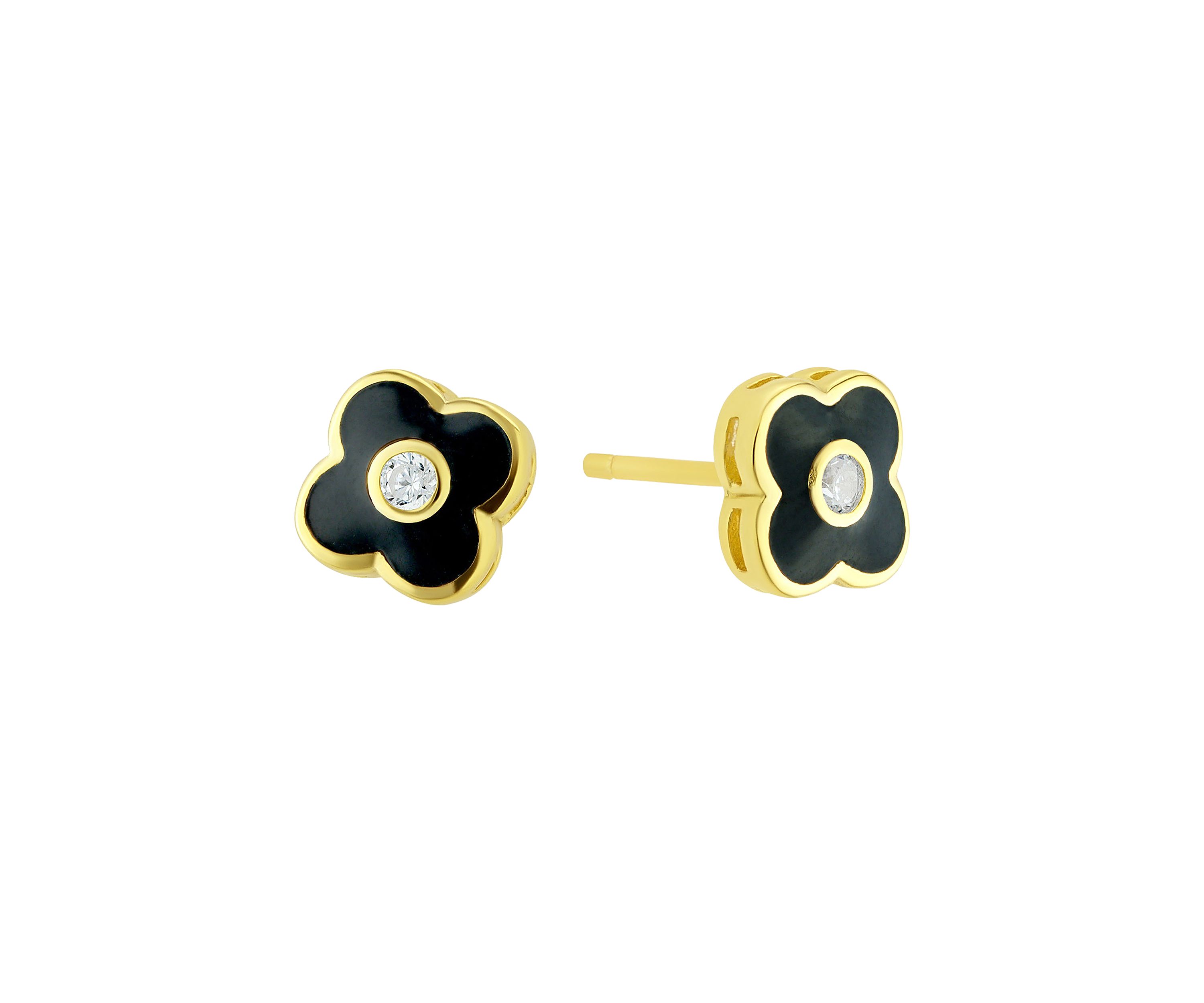 Boxed Black Enamel Clover with Cubic Zirconia Center Stud Earrings