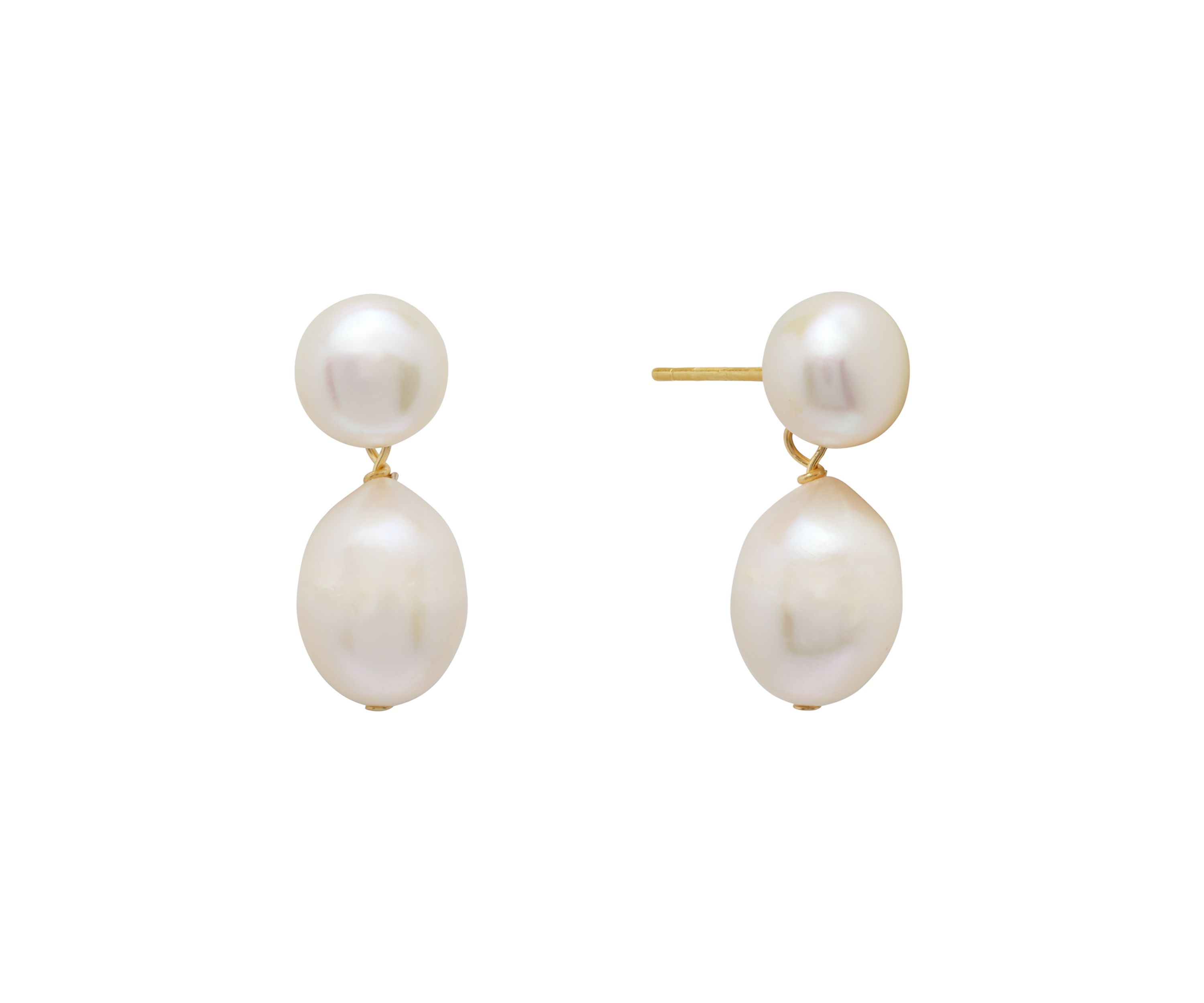 Sterling Silver 8 Millimeter Button and 12.5 Millimeter Potato Freshwater Pearl Post Drop Earrings - Boxed