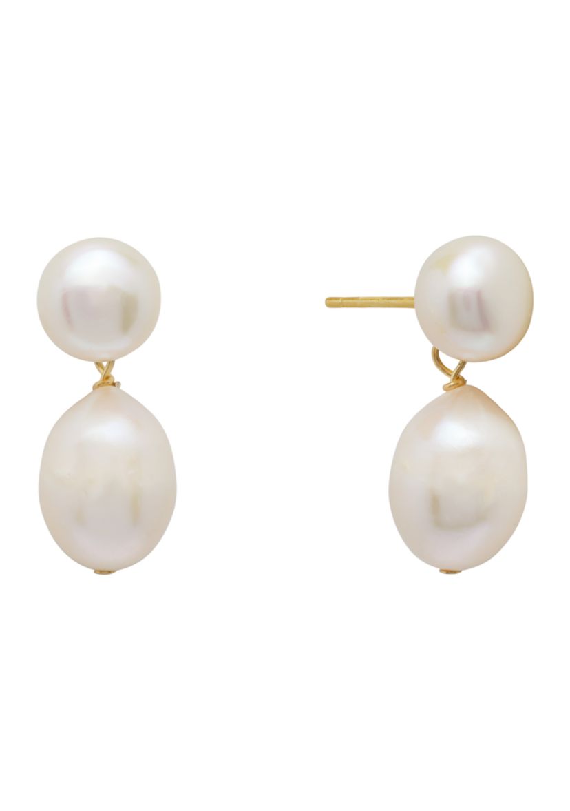 Sterling Silver 8 Millimeter Button and 12.5 Millimeter Potato Freshwater Pearl Post Drop Earrings - Boxed