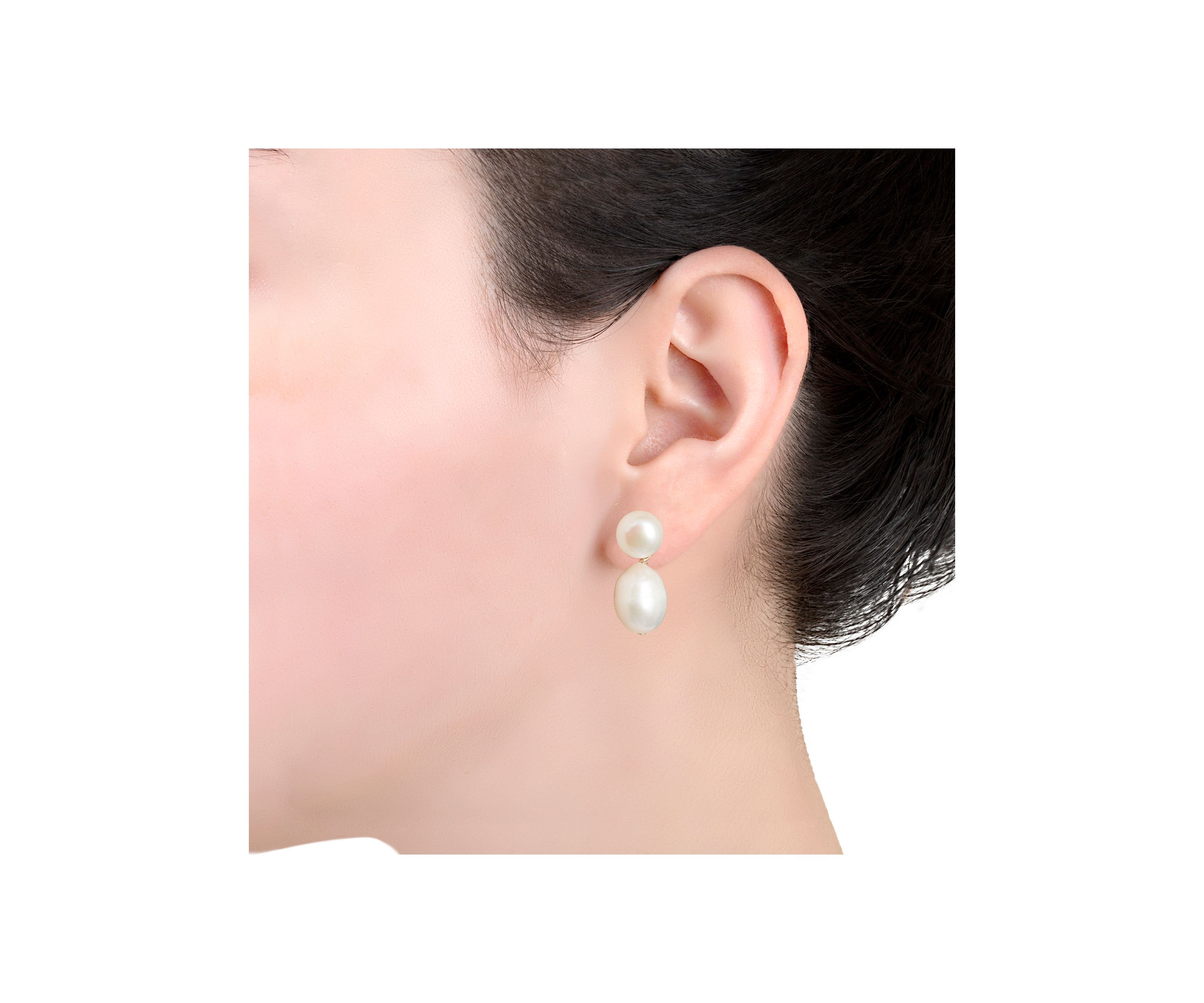 Sterling Silver 8 Millimeter Button and 12.5 Millimeter Potato Freshwater Pearl Post Drop Earrings - Boxed