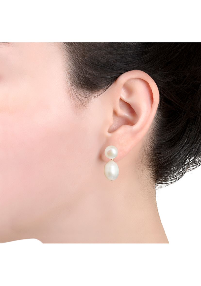 Sterling Silver 8 Millimeter Button and 12.5 Millimeter Potato Freshwater Pearl Post Drop Earrings - Boxed