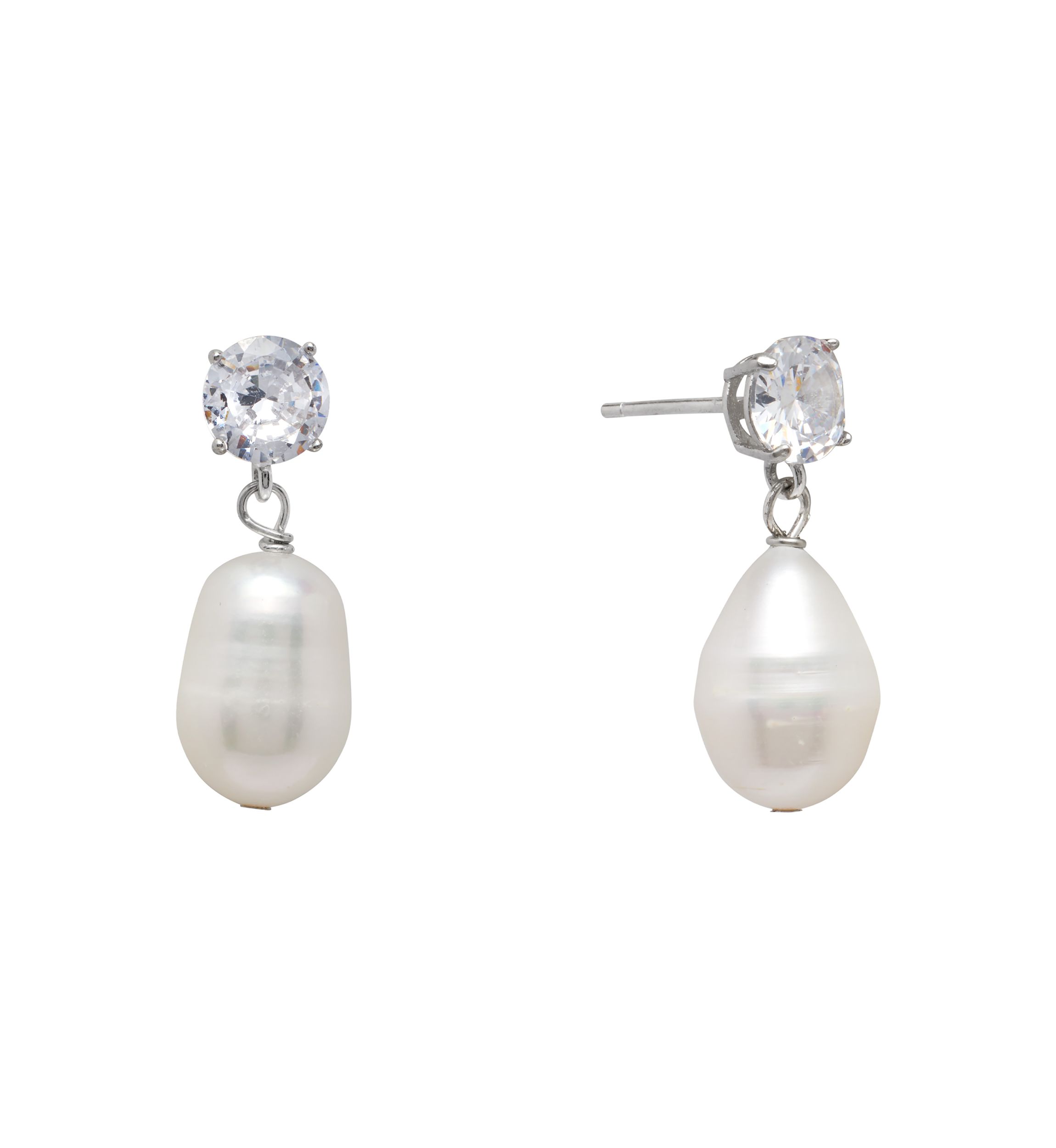 Sterling Silver Freshwater Pearl and Cubic Zirconia Drop Earrings - Boxed