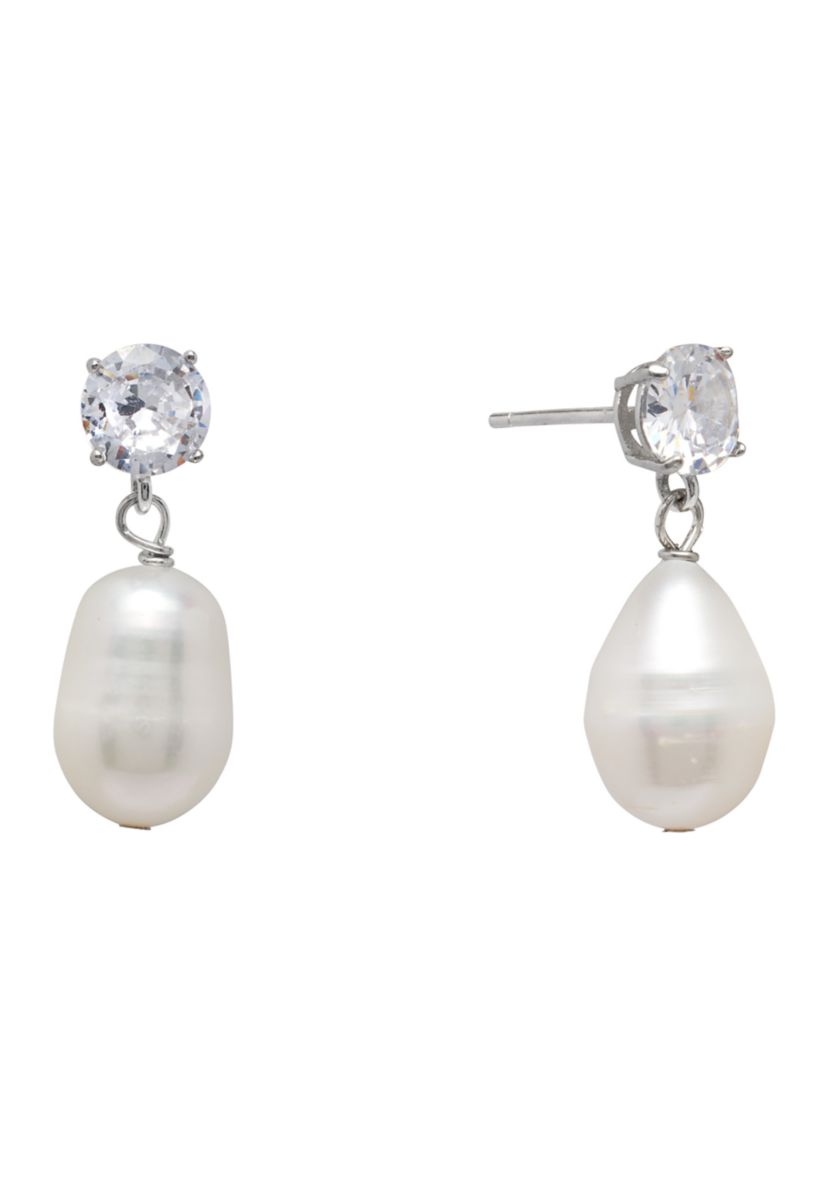 Sterling Silver Freshwater Pearl and Cubic Zirconia Drop Earrings - Boxed
