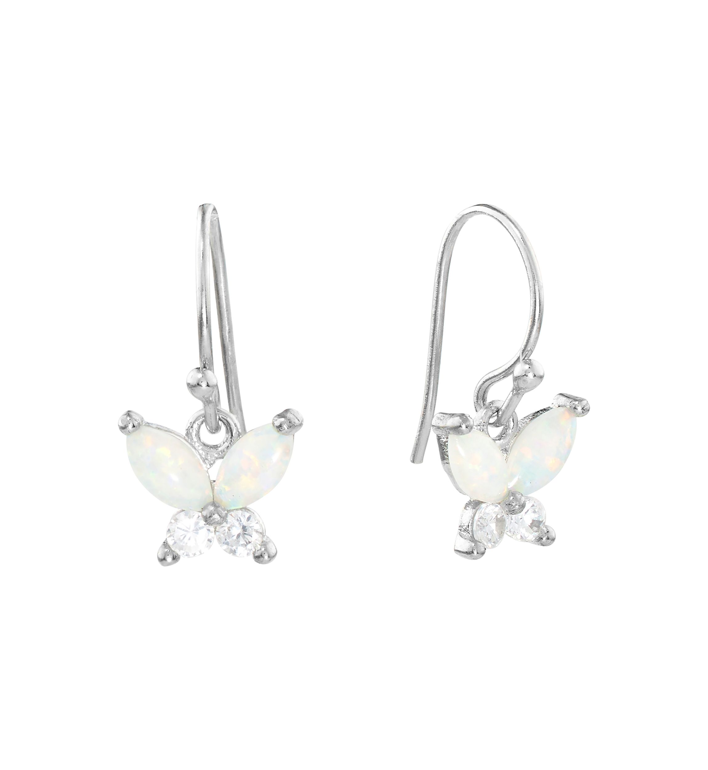 Boxed Sterling Silver Simulated Opal and White Topaz Butterfly Drop Earrings