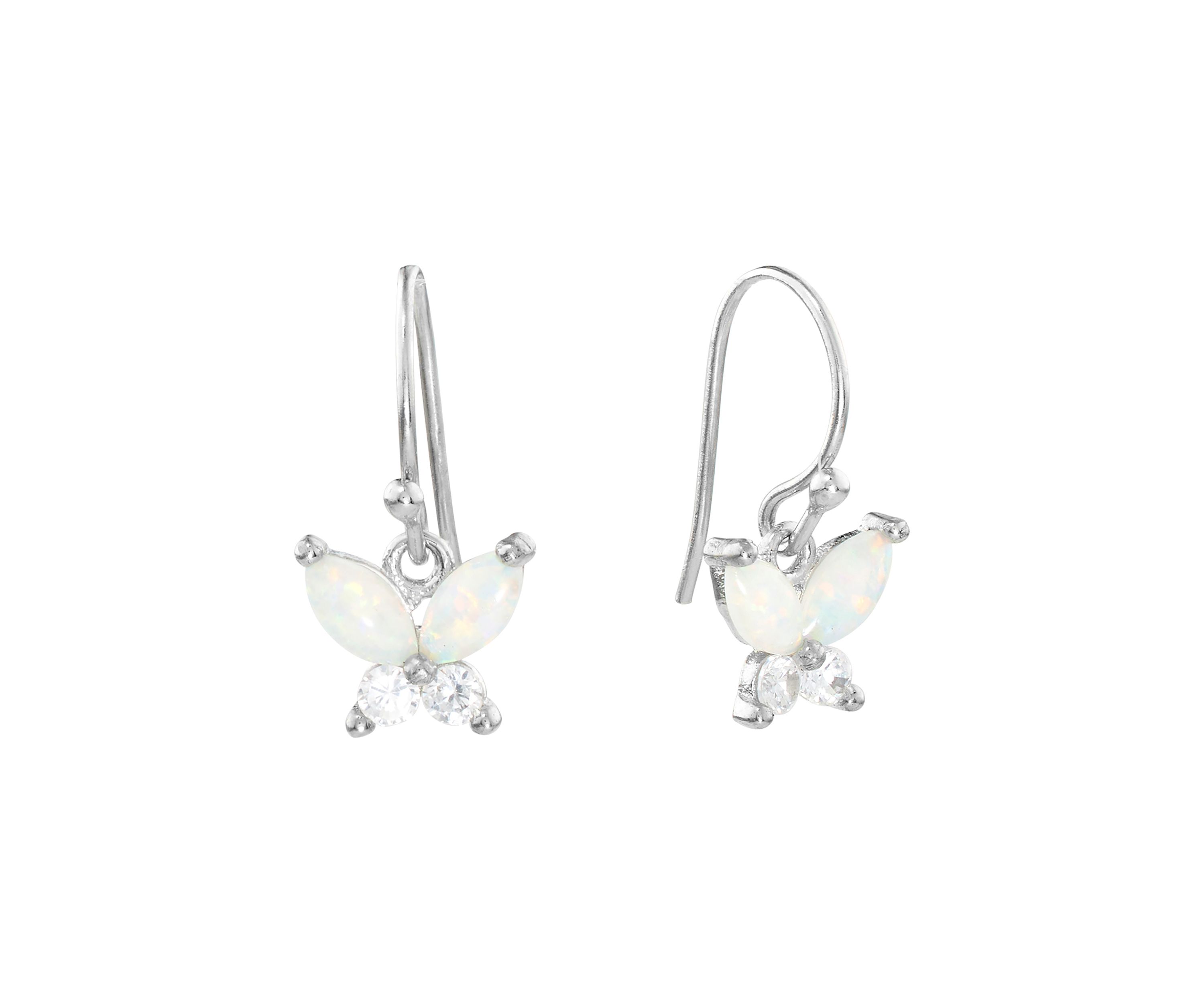 Boxed Sterling Silver Simulated Opal and White Topaz Butterfly Drop Earrings