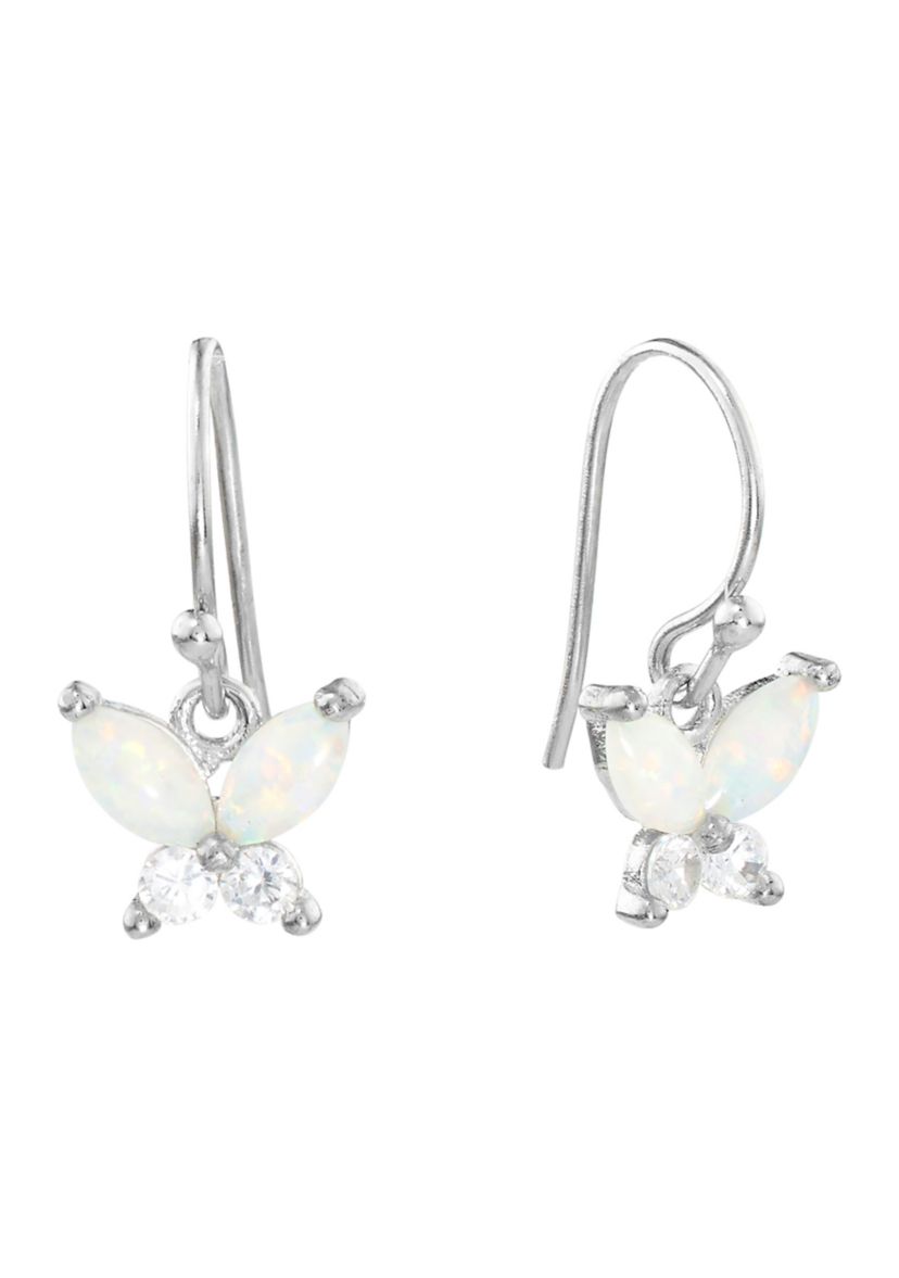 Boxed Sterling Silver Simulated Opal and White Topaz Butterfly Drop Earrings