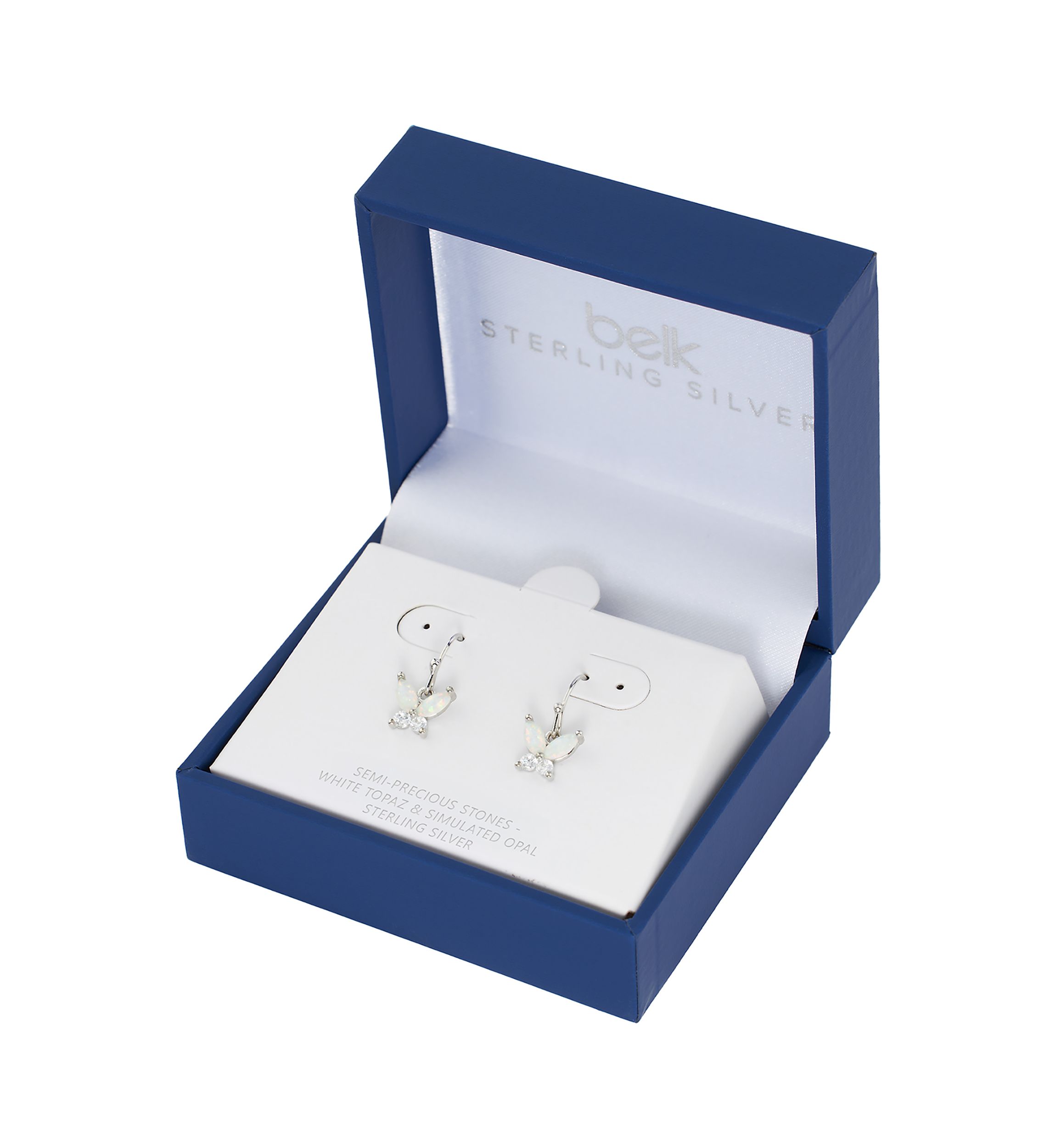 Boxed Sterling Silver Simulated Opal and White Topaz Butterfly Drop Earrings