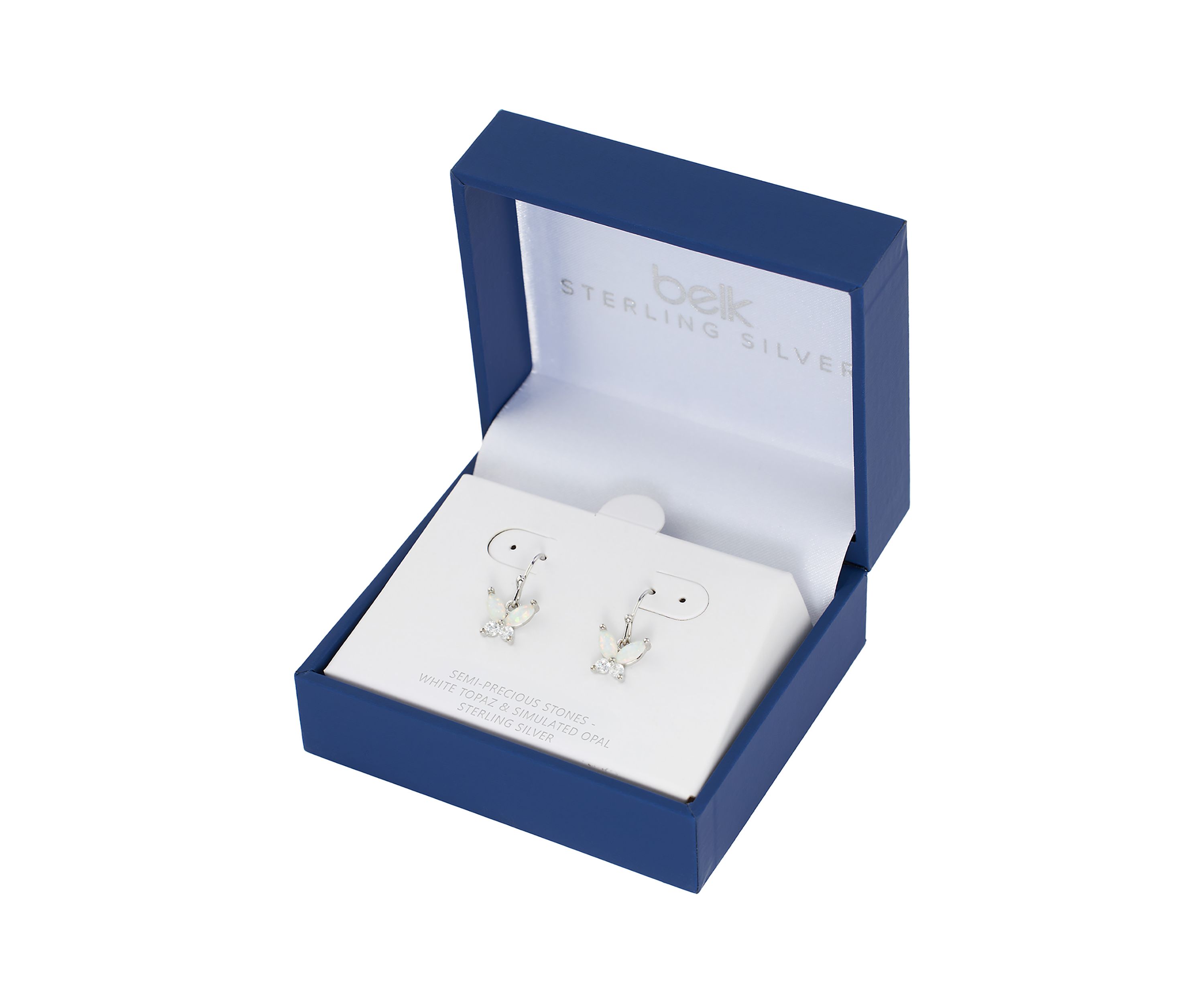 Boxed Sterling Silver Simulated Opal and White Topaz Butterfly Drop Earrings