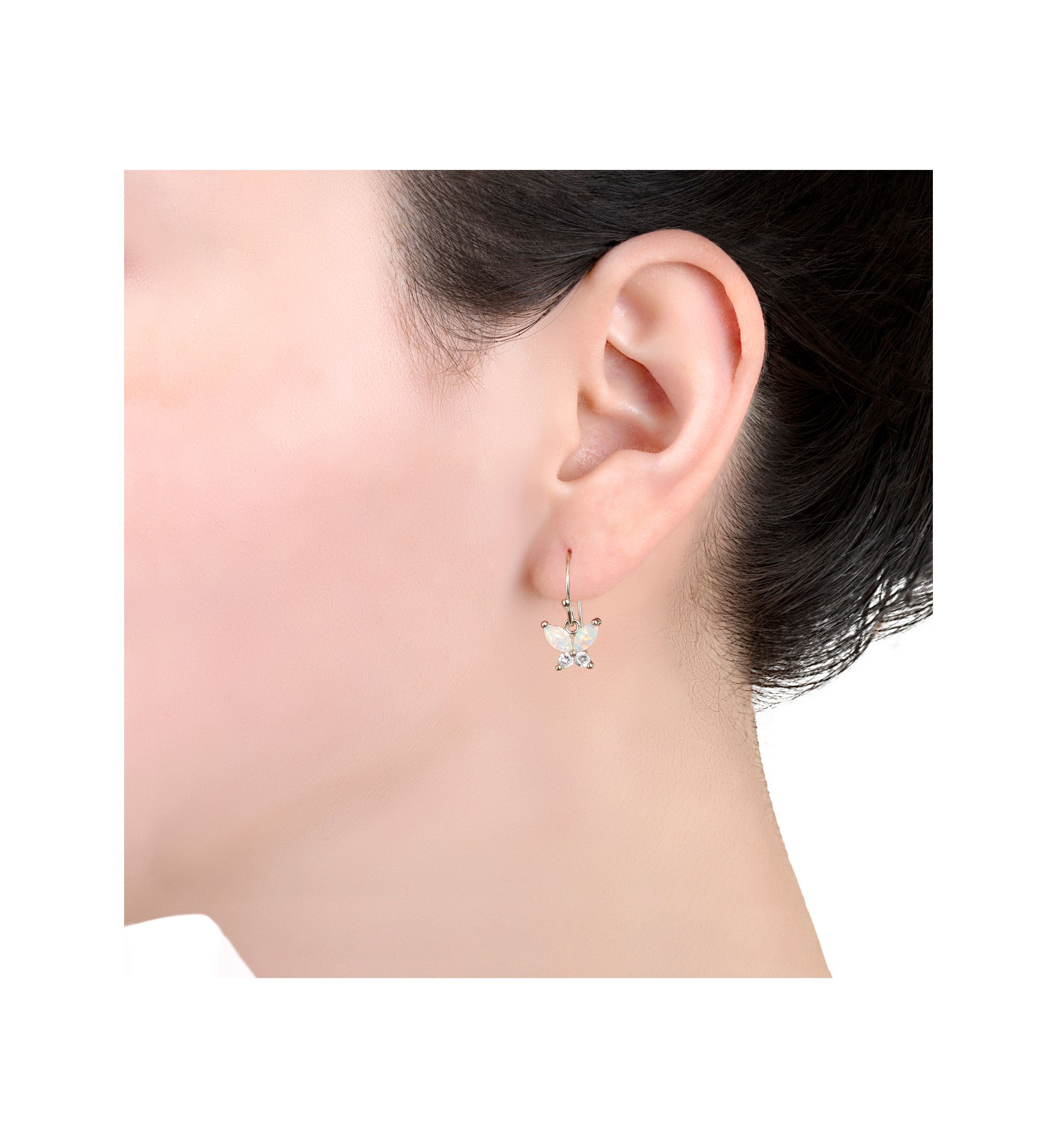 Boxed Sterling Silver Simulated Opal and White Topaz Butterfly Drop Earrings