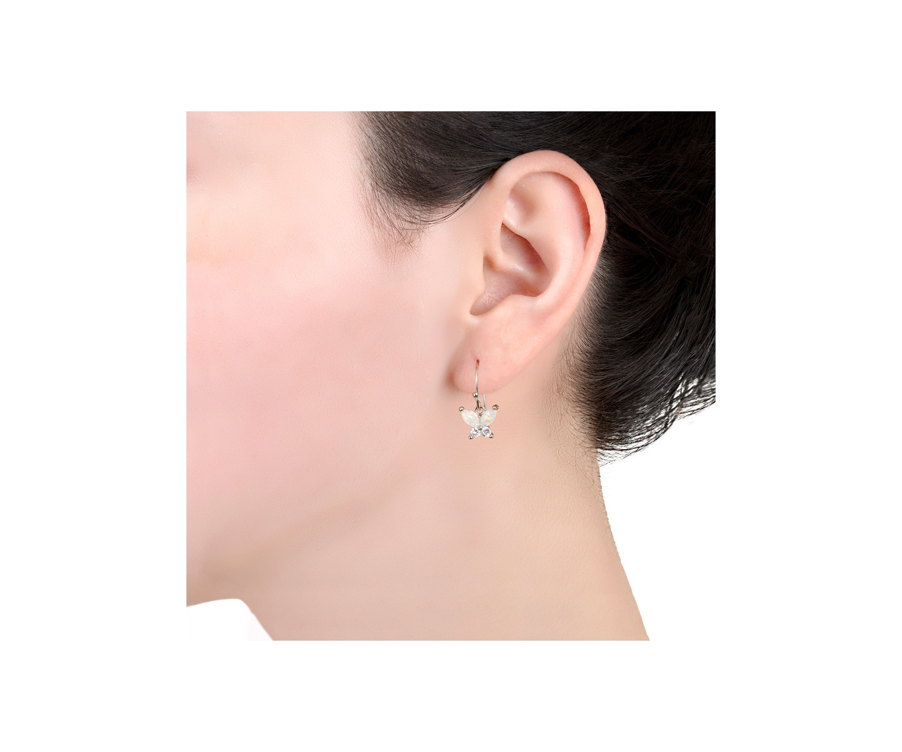 Boxed Sterling Silver Simulated Opal and White Topaz Butterfly Drop Earrings