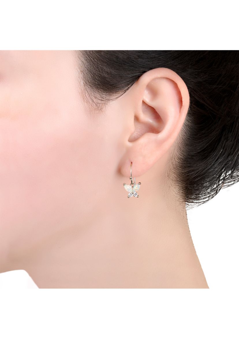 Boxed Sterling Silver Simulated Opal and White Topaz Butterfly Drop Earrings