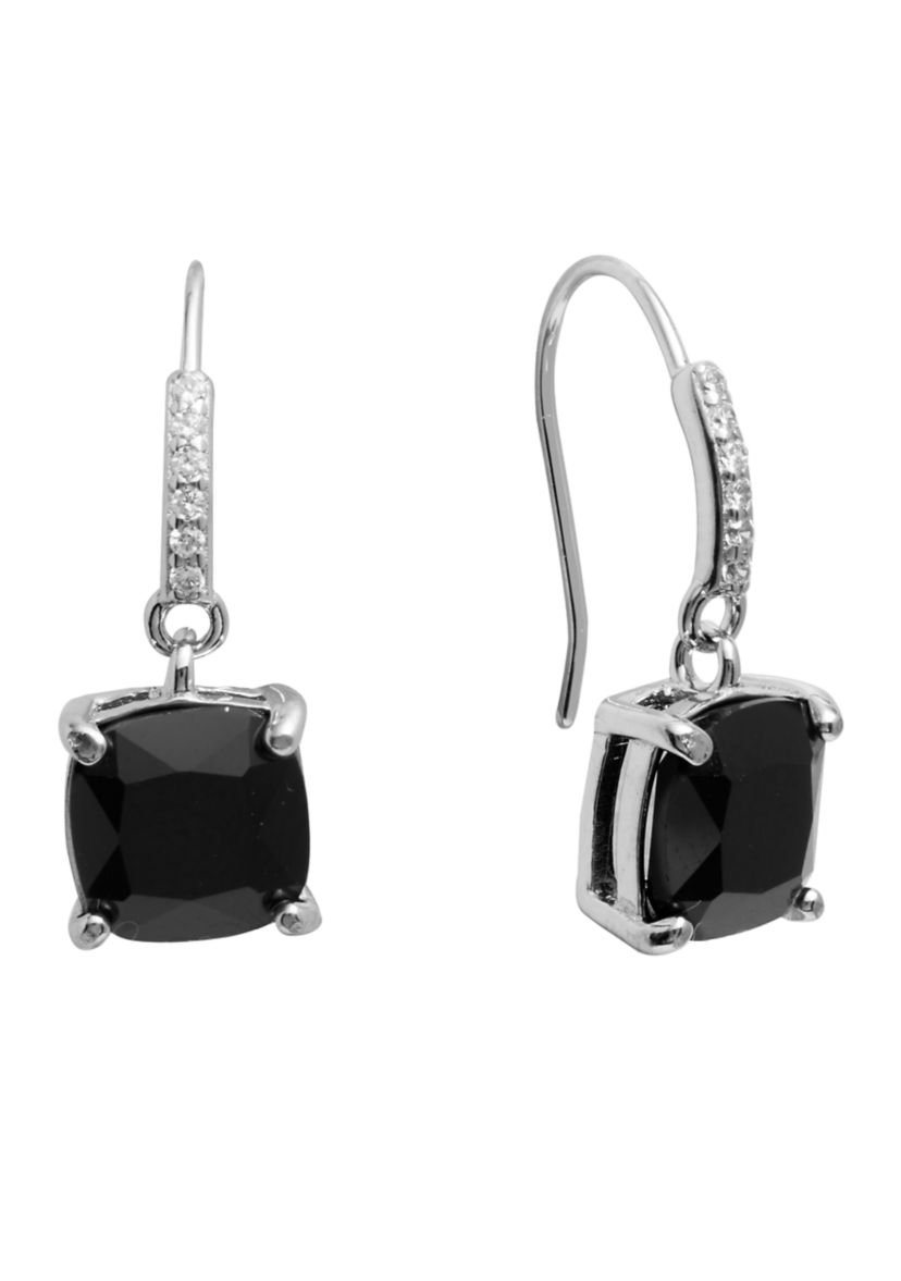Boxed Sterling Silver Crystal Square with Cubic Zirconia Drop Earrings
