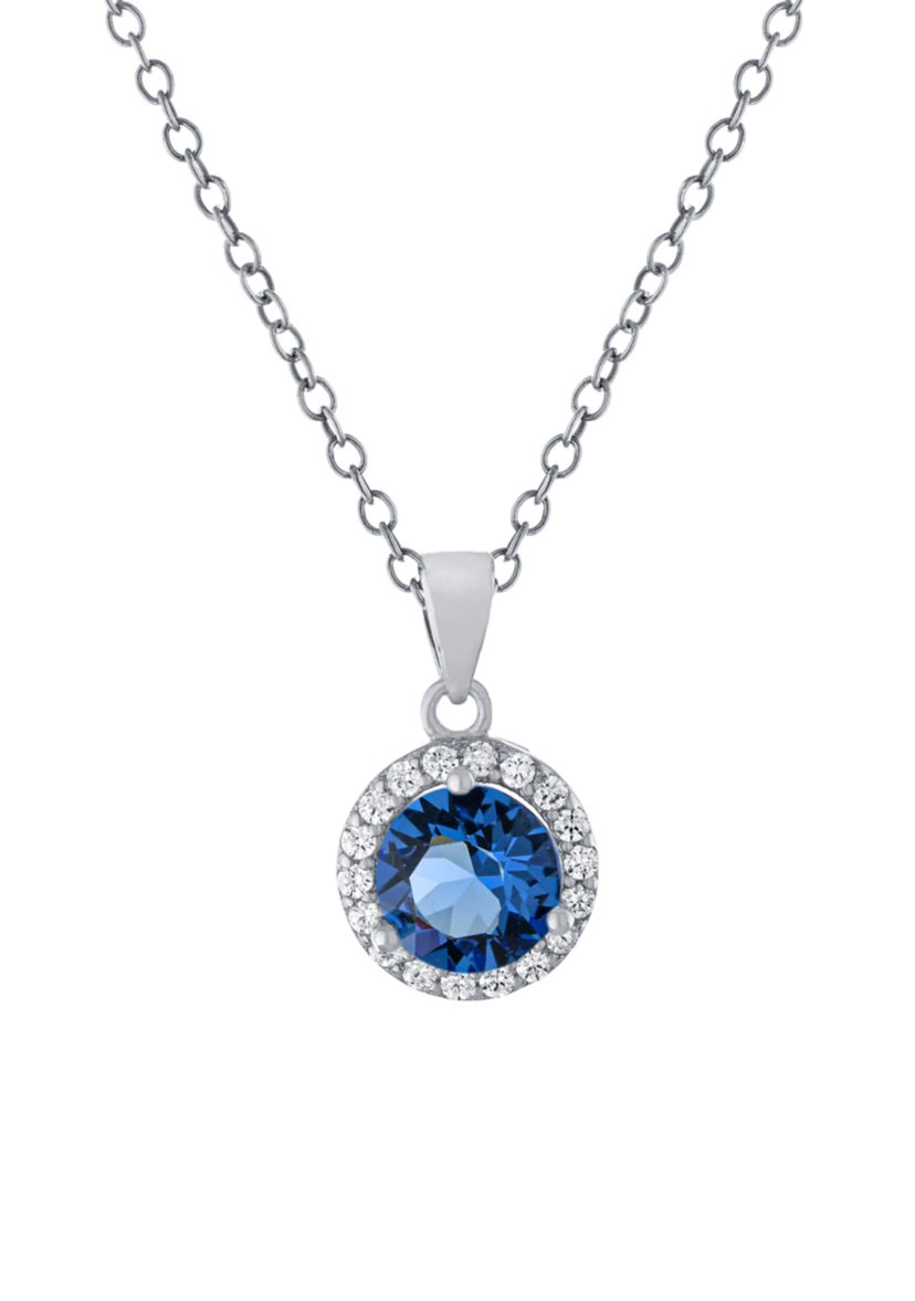Sterling Silver 18 Inch Blue Crystal with Cubic Zirconia Halo Pendant Boxed Necklace