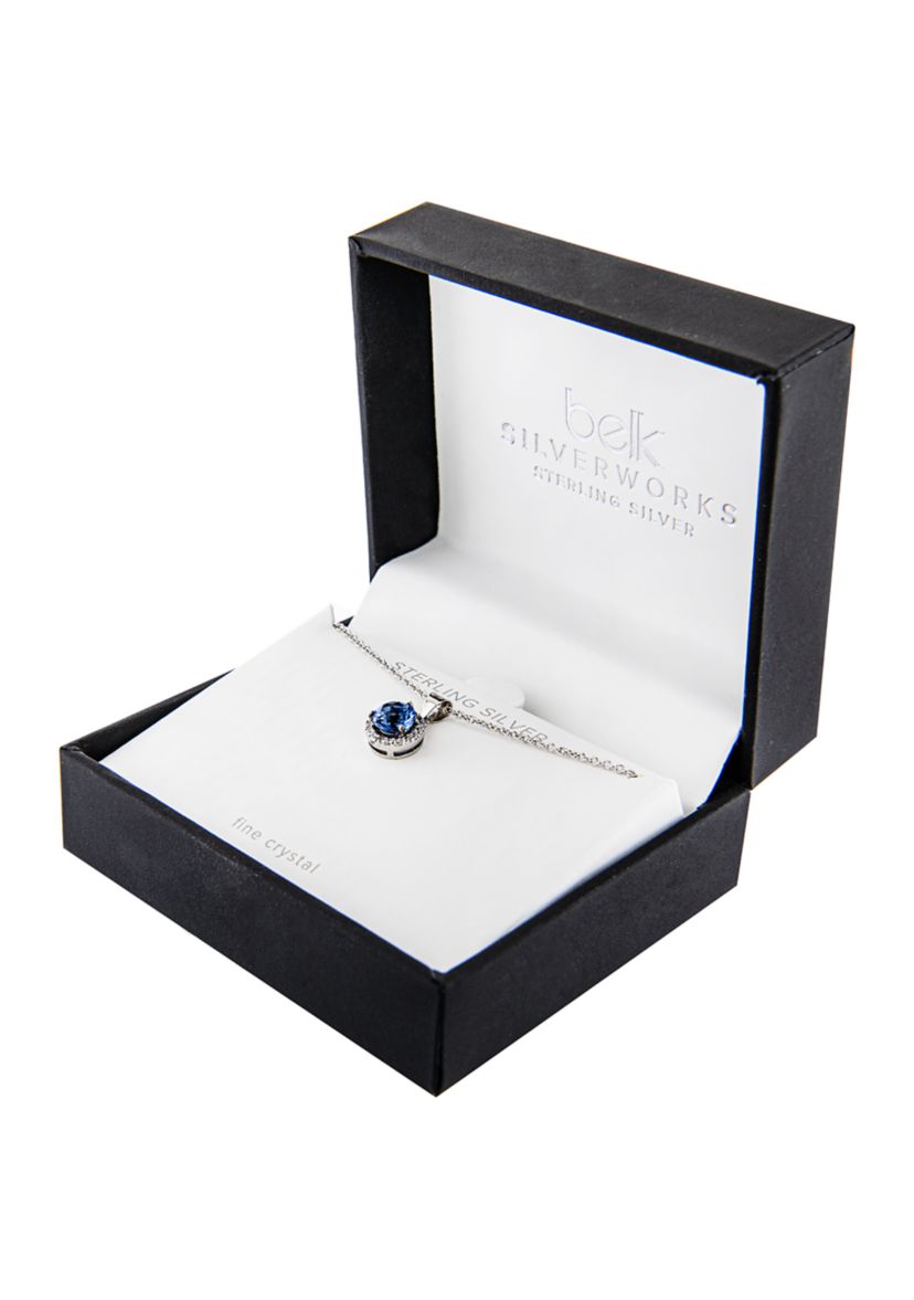 Sterling Silver 18 Inch Blue Crystal with Cubic Zirconia Halo Pendant Boxed Necklace