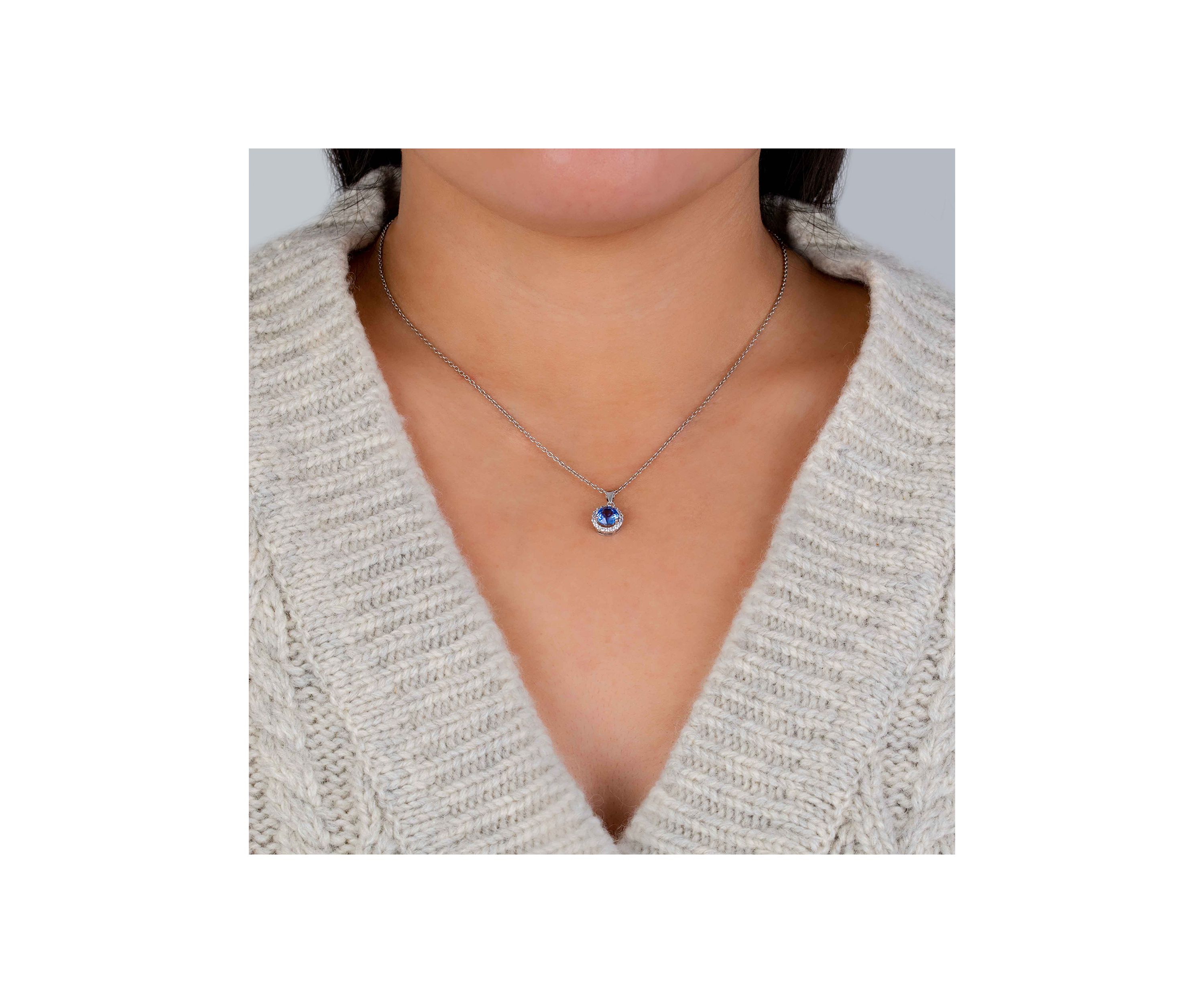 Sterling Silver 18 Inch Blue Crystal with Cubic Zirconia Halo Pendant Boxed Necklace