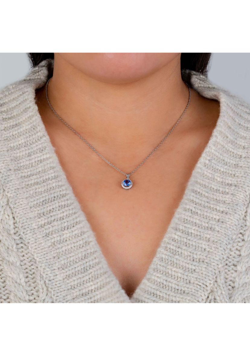 Sterling Silver 18 Inch Blue Crystal with Cubic Zirconia Halo Pendant Boxed Necklace