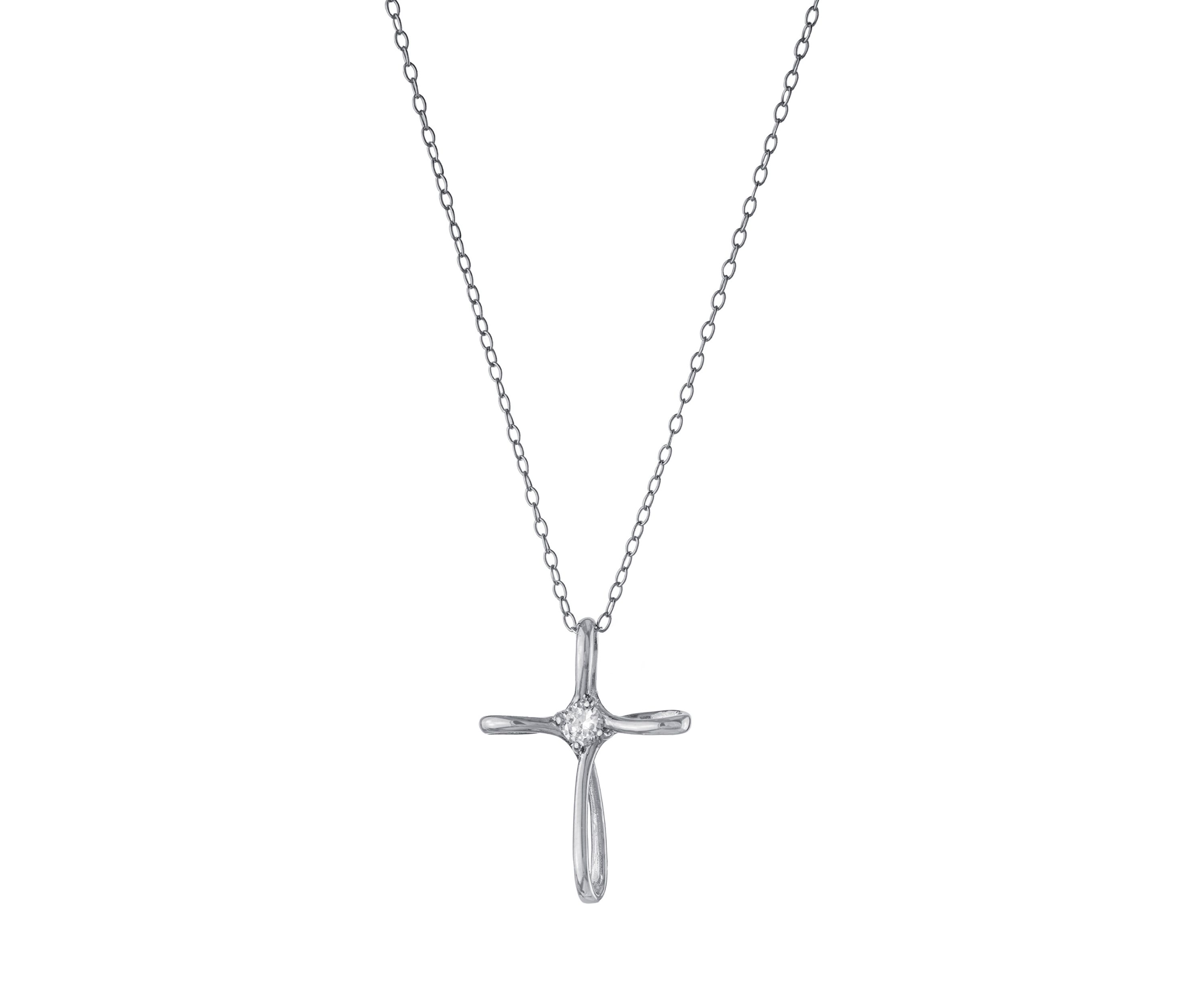 Boxed Sterling Silver 18" Cross with Cubic Zirconia Center Accent Pendant Necklace