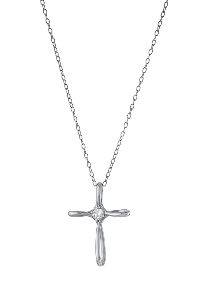 Boxed Sterling Silver 18" Cross with Cubic Zirconia Center Accent Pendant Necklace